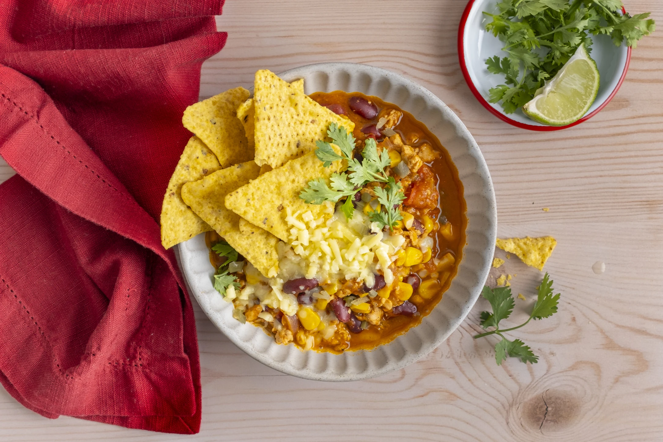 Spicy Mexican Bean Soup with Chicken Mince and Nachos