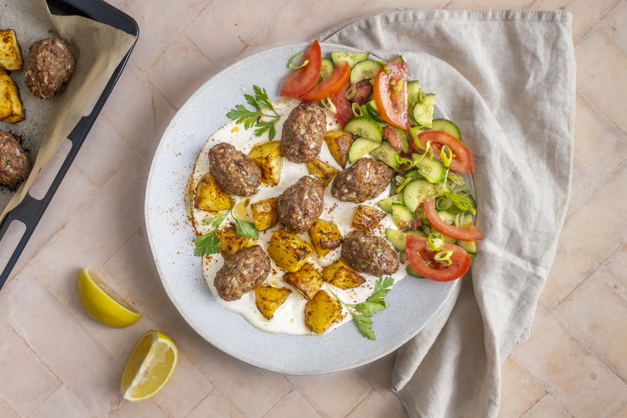 Spiced Beef Kofta with Roasted Potatoes, Tahini Yogurt and Salad