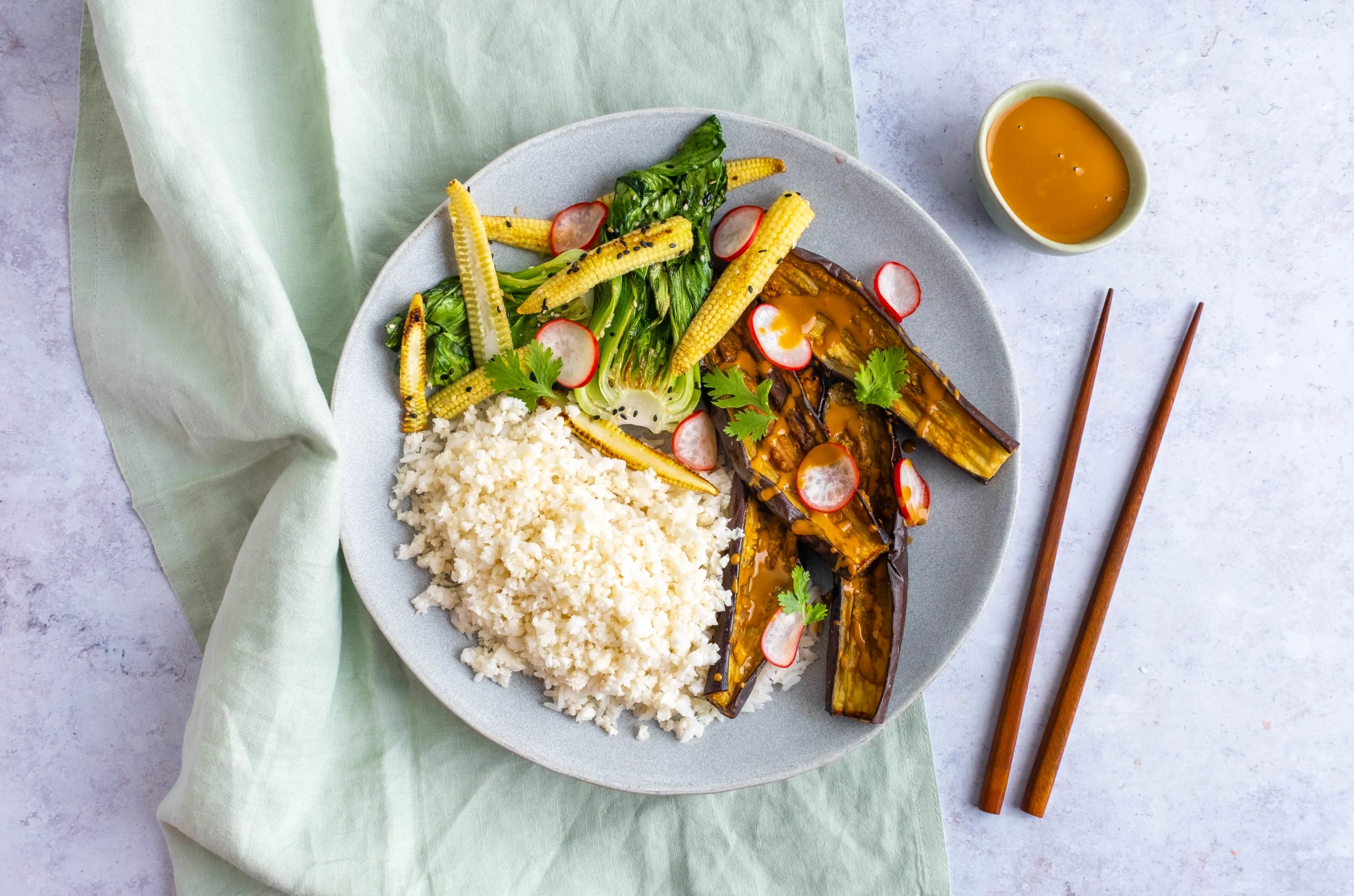 Miso Roasted Eggplant and Cauli Rice with Pak Choi, Baby Corn and Pickled Radish