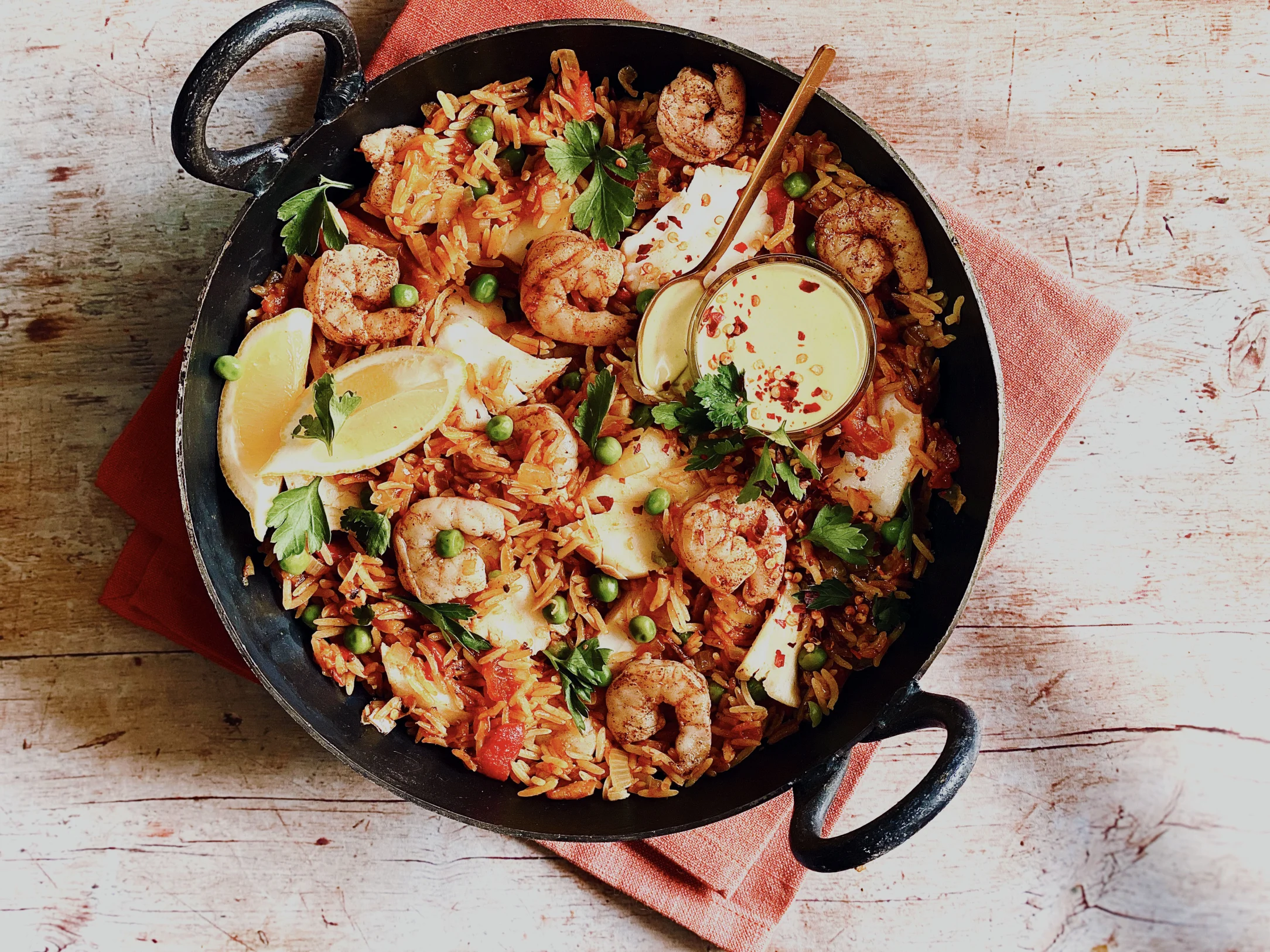 Prawn and Cod Paella with Sunny Aioli
