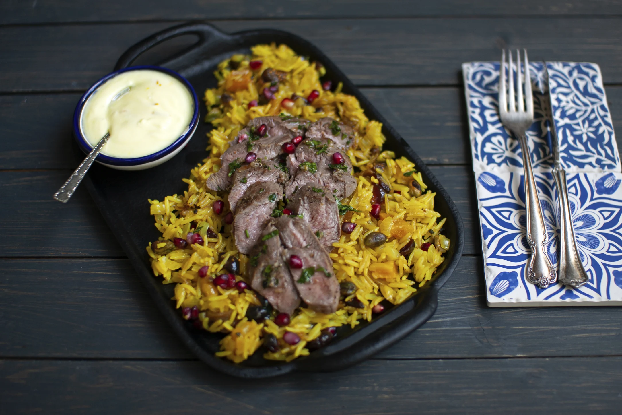 Lamb Tenderloin with Jeweled Rice and Saffron Yogurt