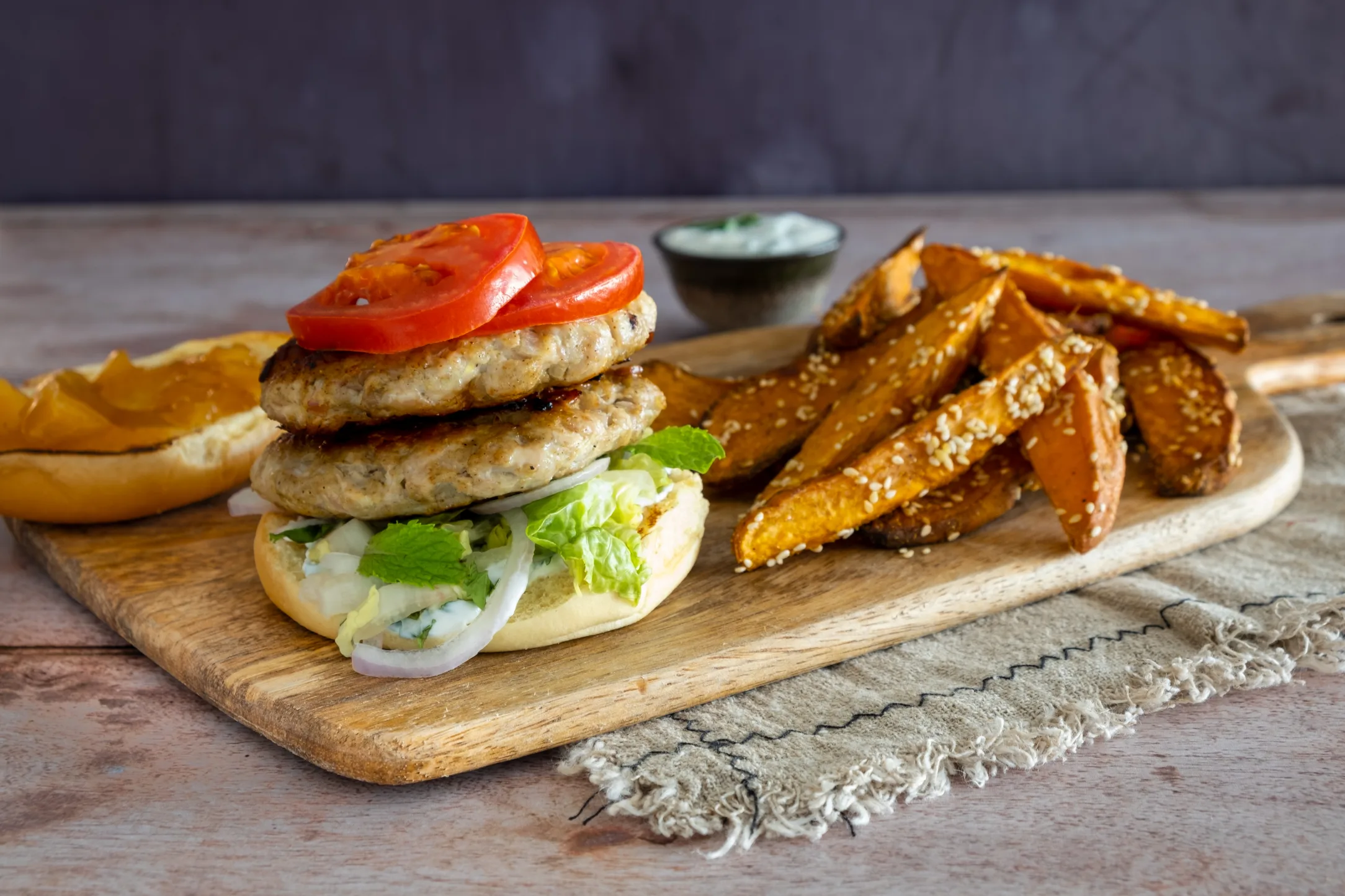 Masala Chicken Burgers with Curried Sweet Potato Wedges