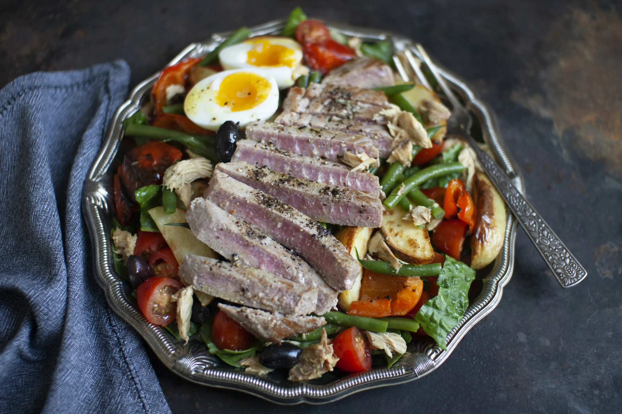 Rustic Fresh Tuna Nicoise Salad with Roasted Potatoes and Peppers