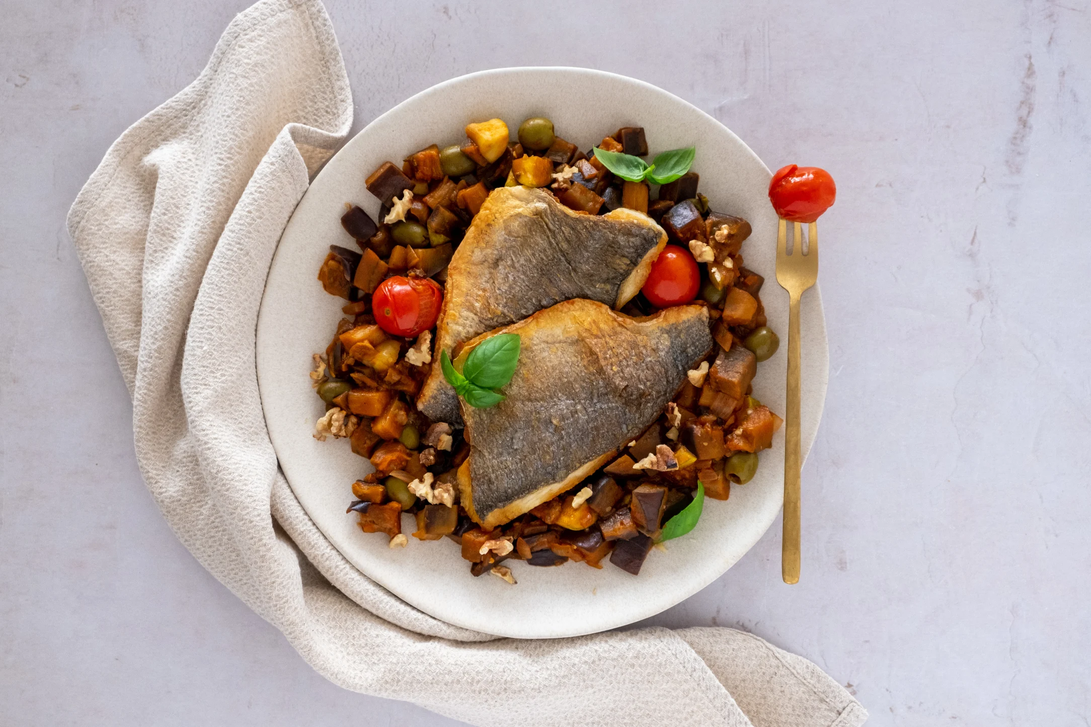 Crispy Seabass with Caponata Vegetables and Toasted Walnuts