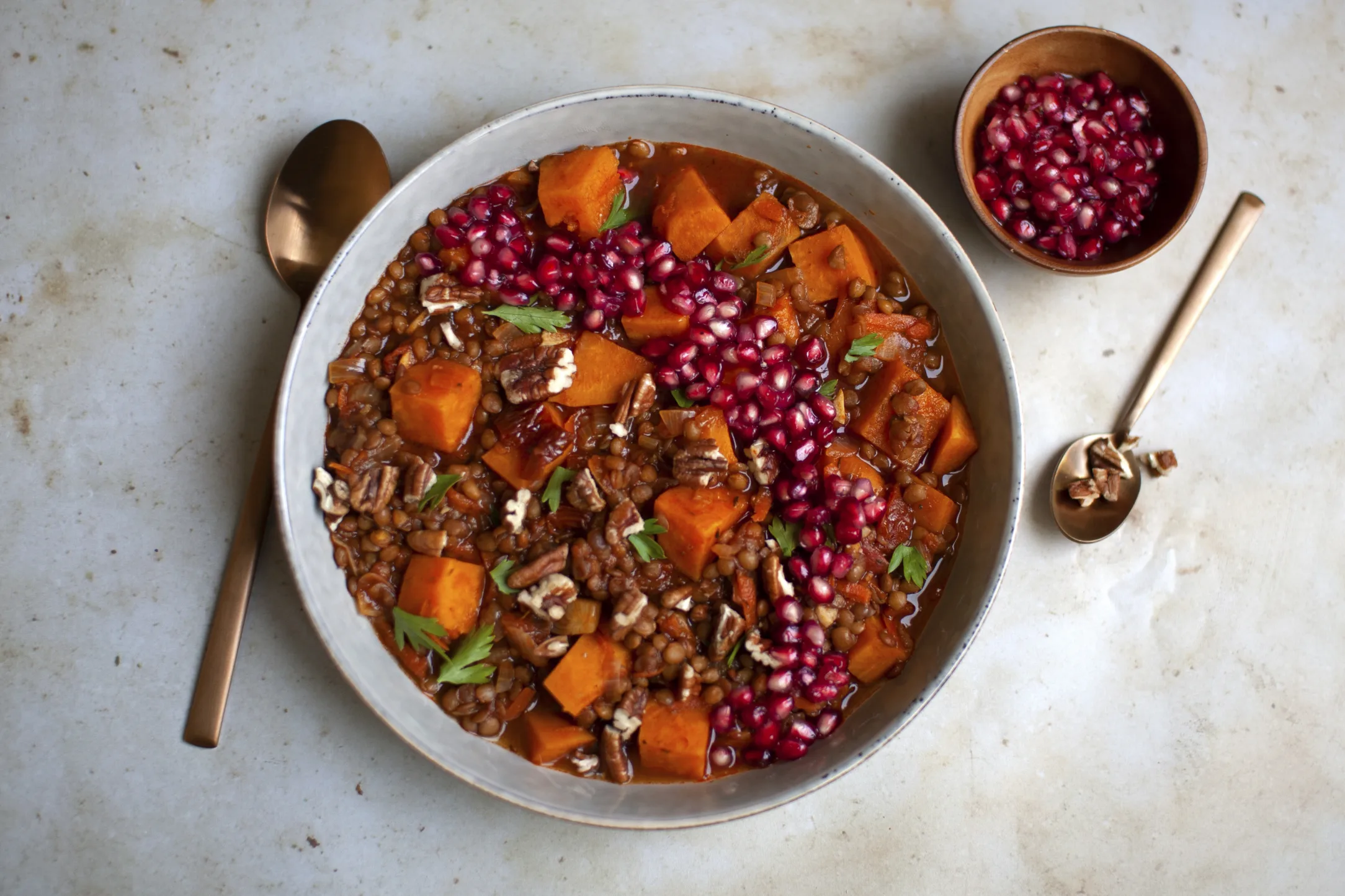 Sweet Potato and Lentil Stew with Pecan and Pomegranate