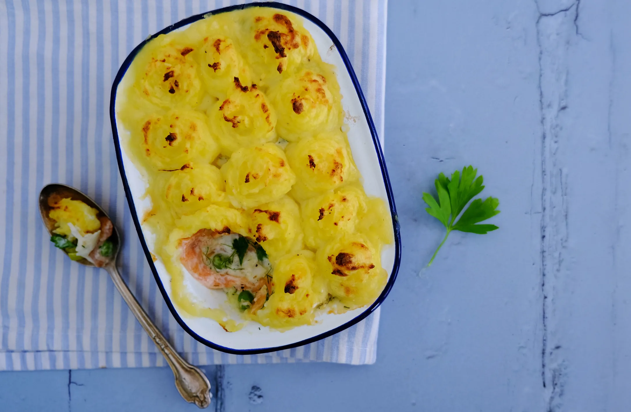 Smoked Salmon and Cod Fish Pie with Peas and Parmesan