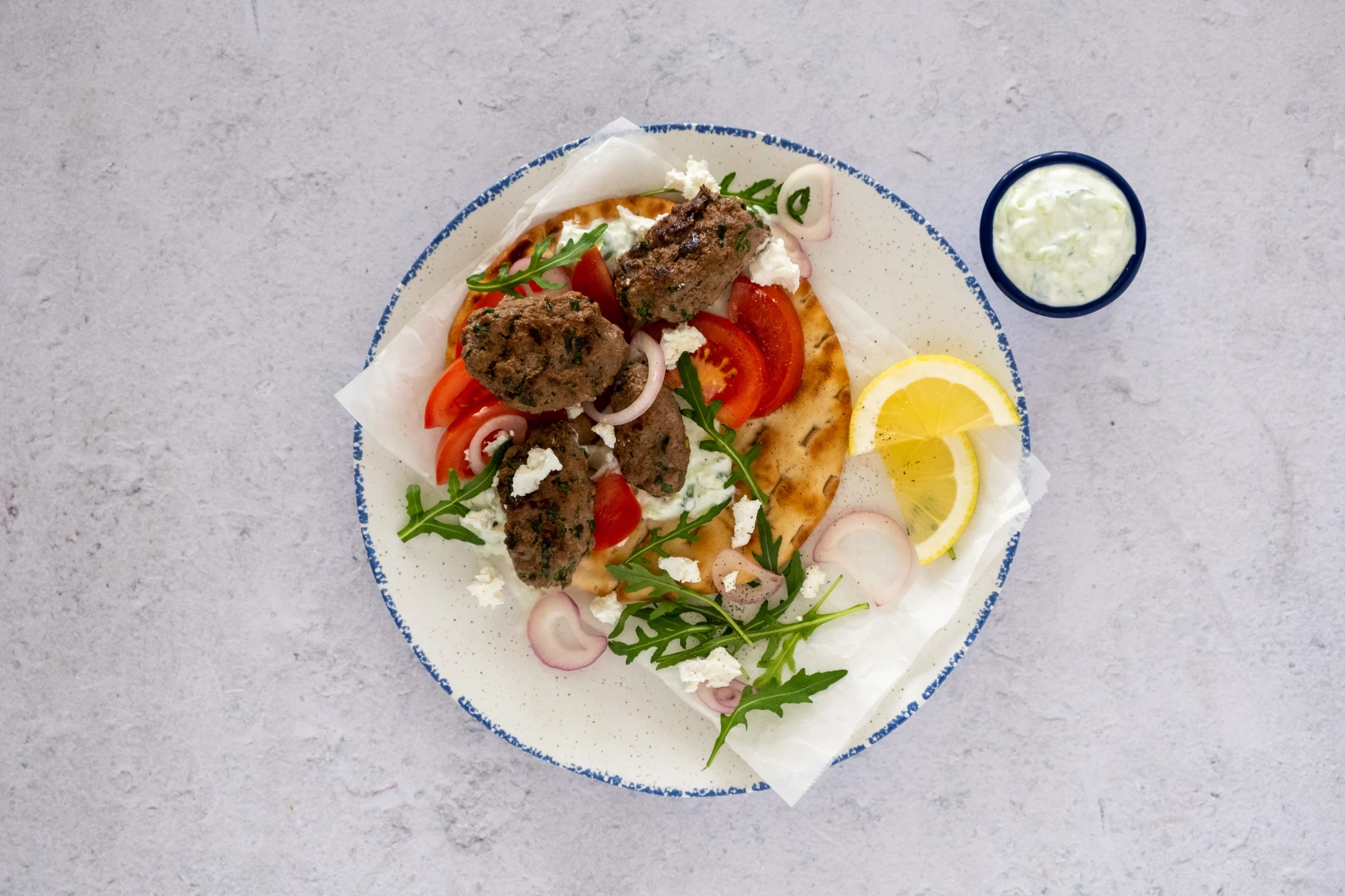 Beef Kofta in Pitta with Feta and Tzatziki