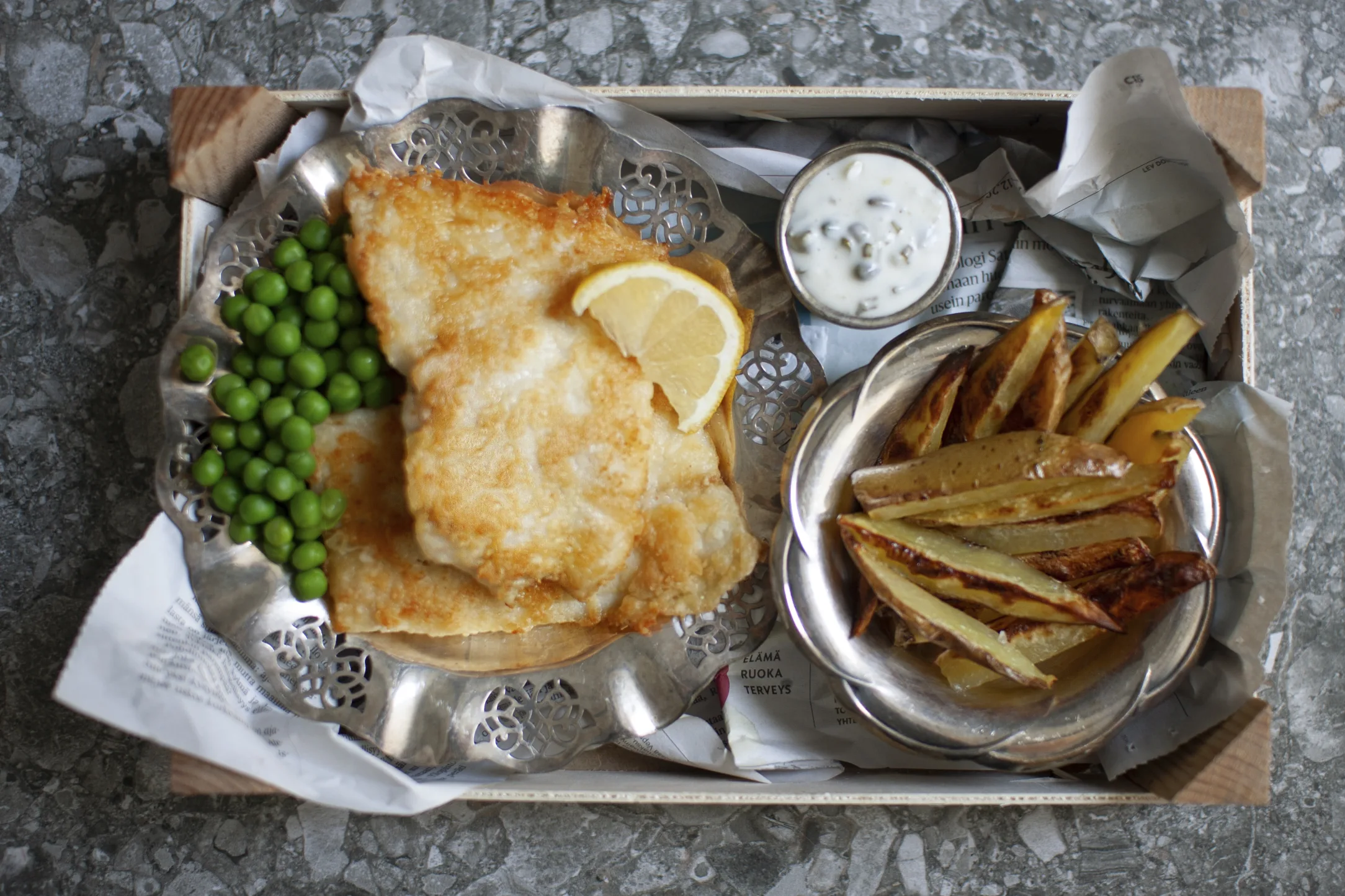 Posh Fish and Chips with Peas and Tartar Sauce