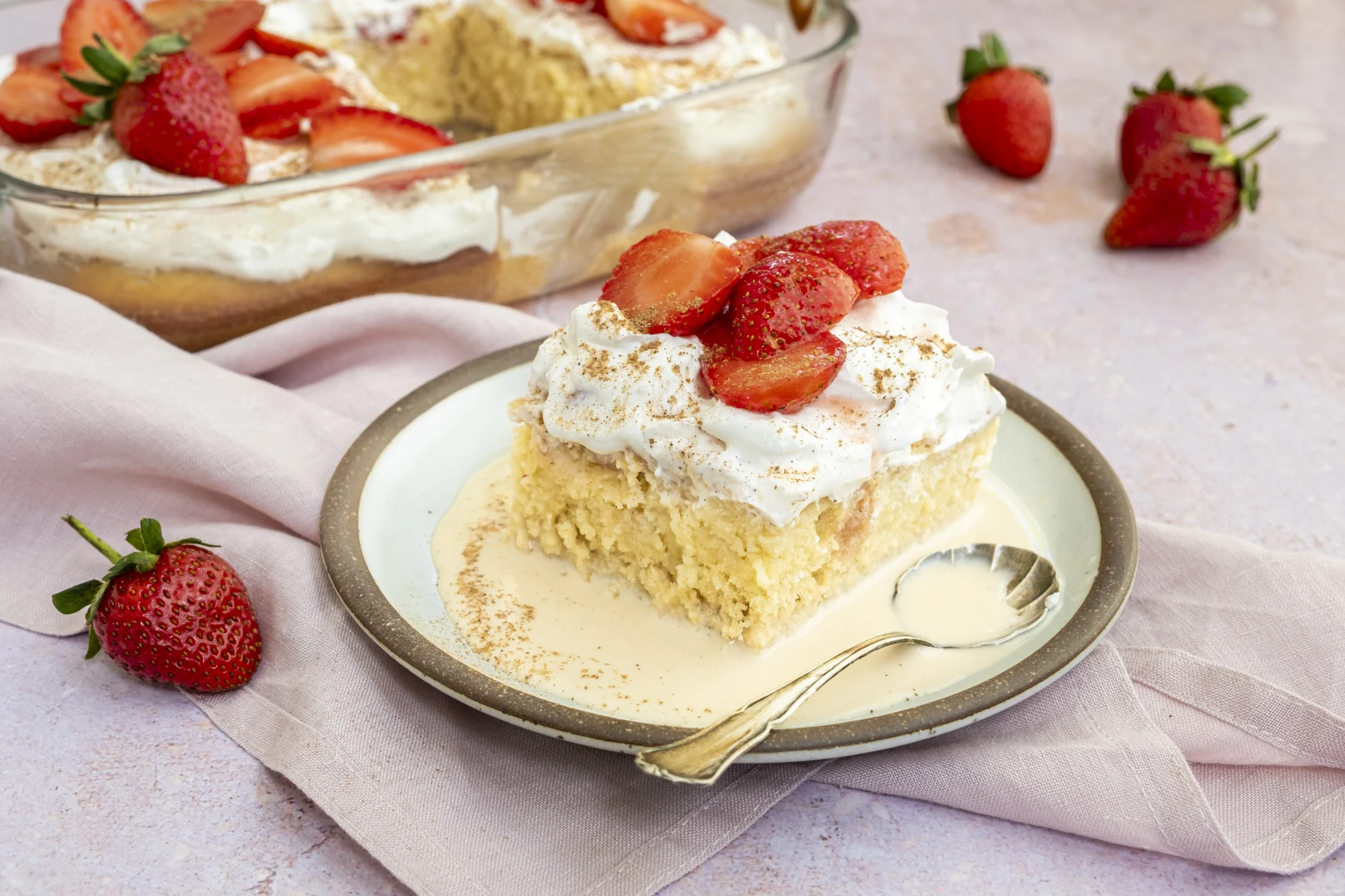 Tres Leches Milk Cake with Strawberries and Cream