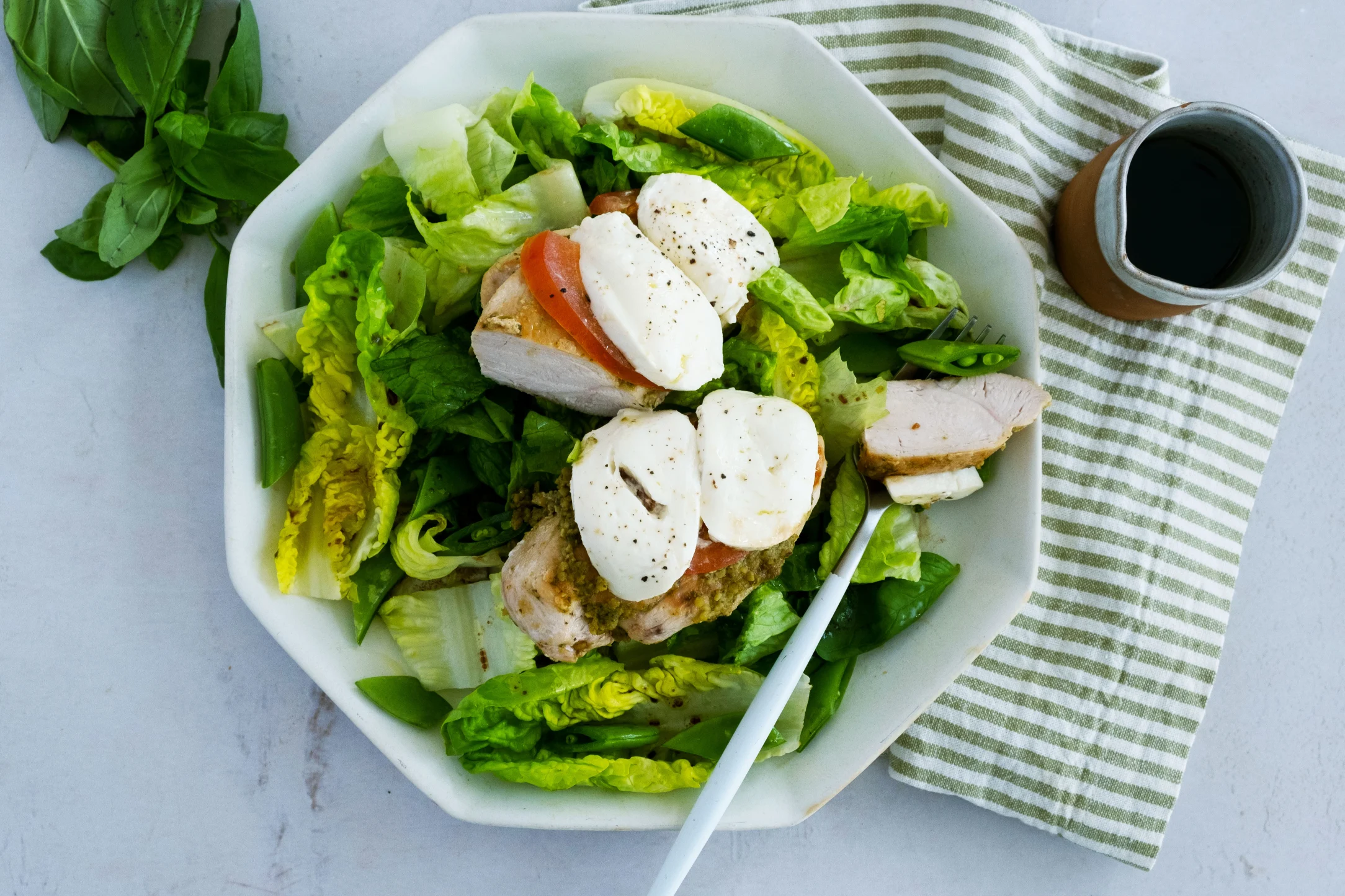 Chicken Caprese over Crunchy Salad