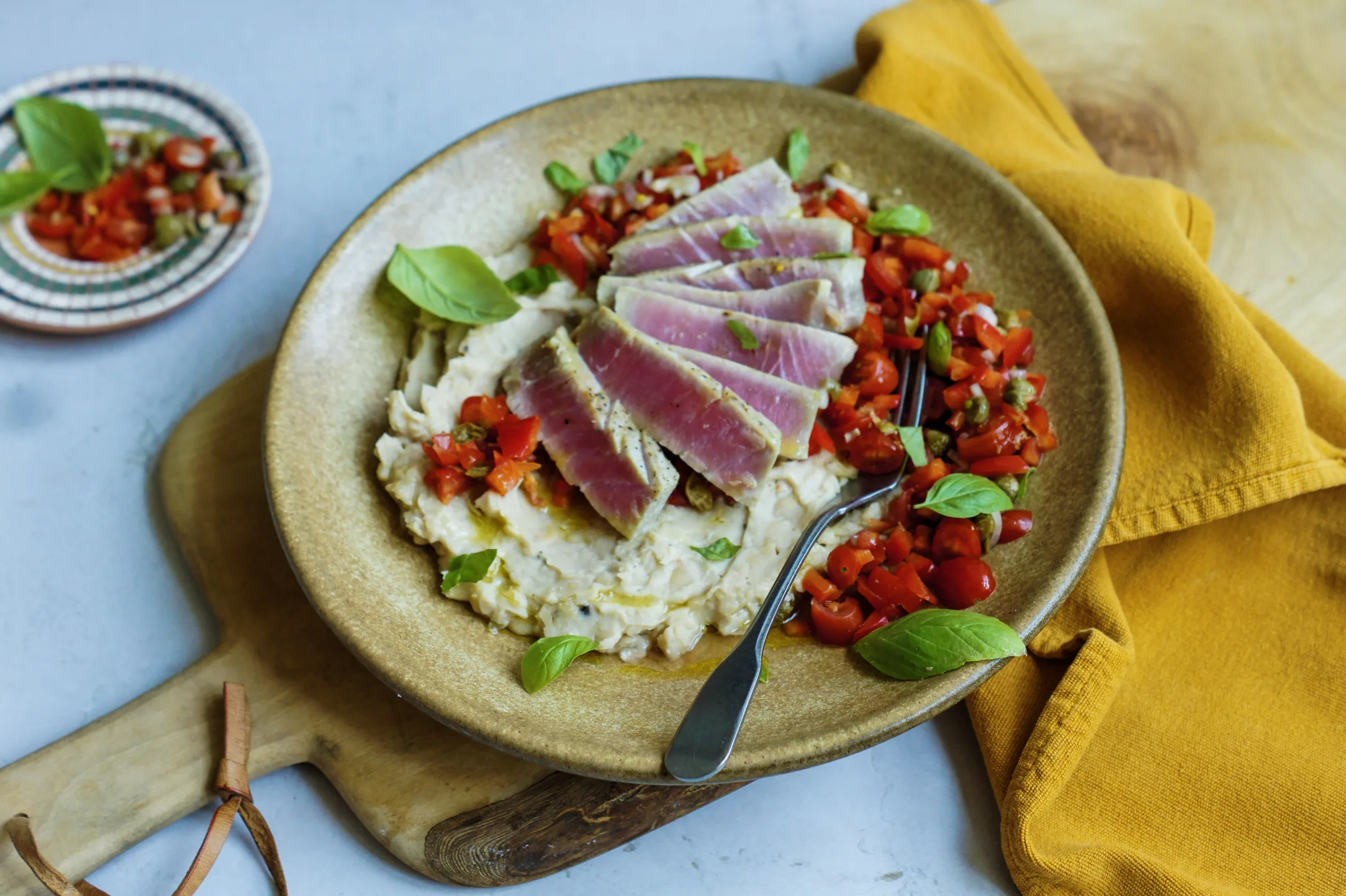 Spanish Tuna Steaks with Tomato Salsa and Bean Mash