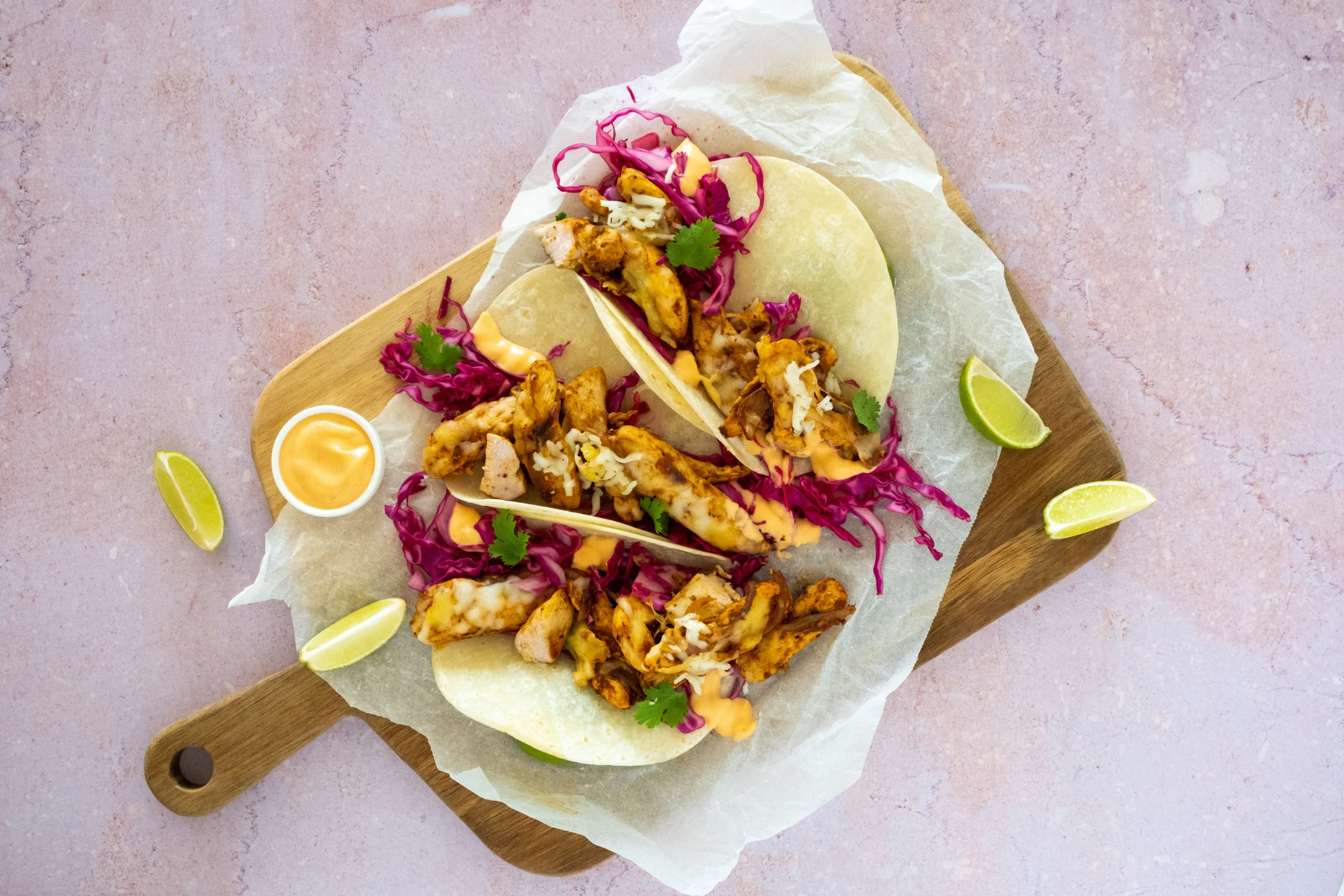 Chicken Tacos with Tangy Cabbage and Sriracha Mayo