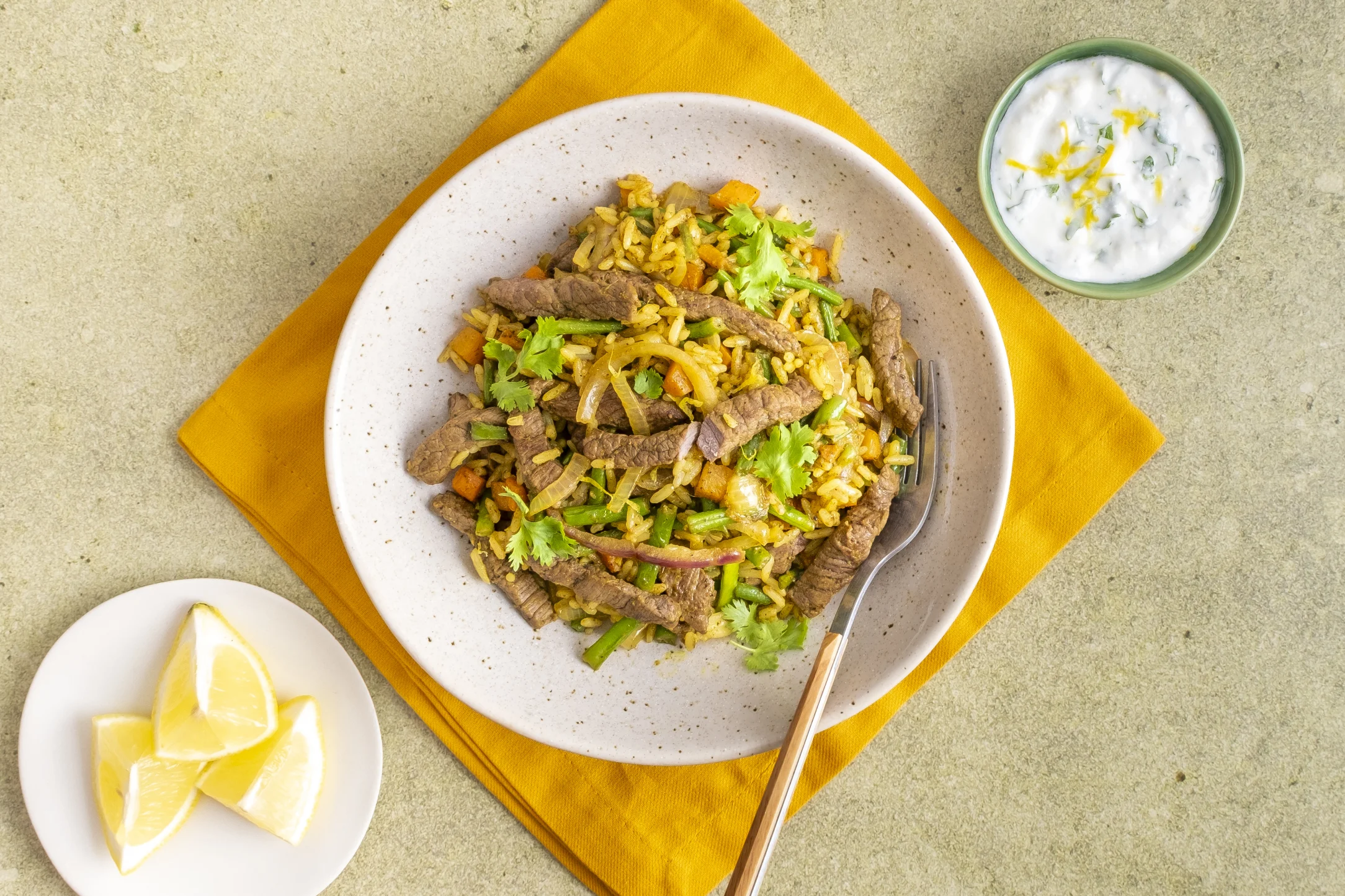 Express: Middle Eastern Steak Strip Pilaf and Lemon Coriander Yogurt with Pre-prepped Ingredients