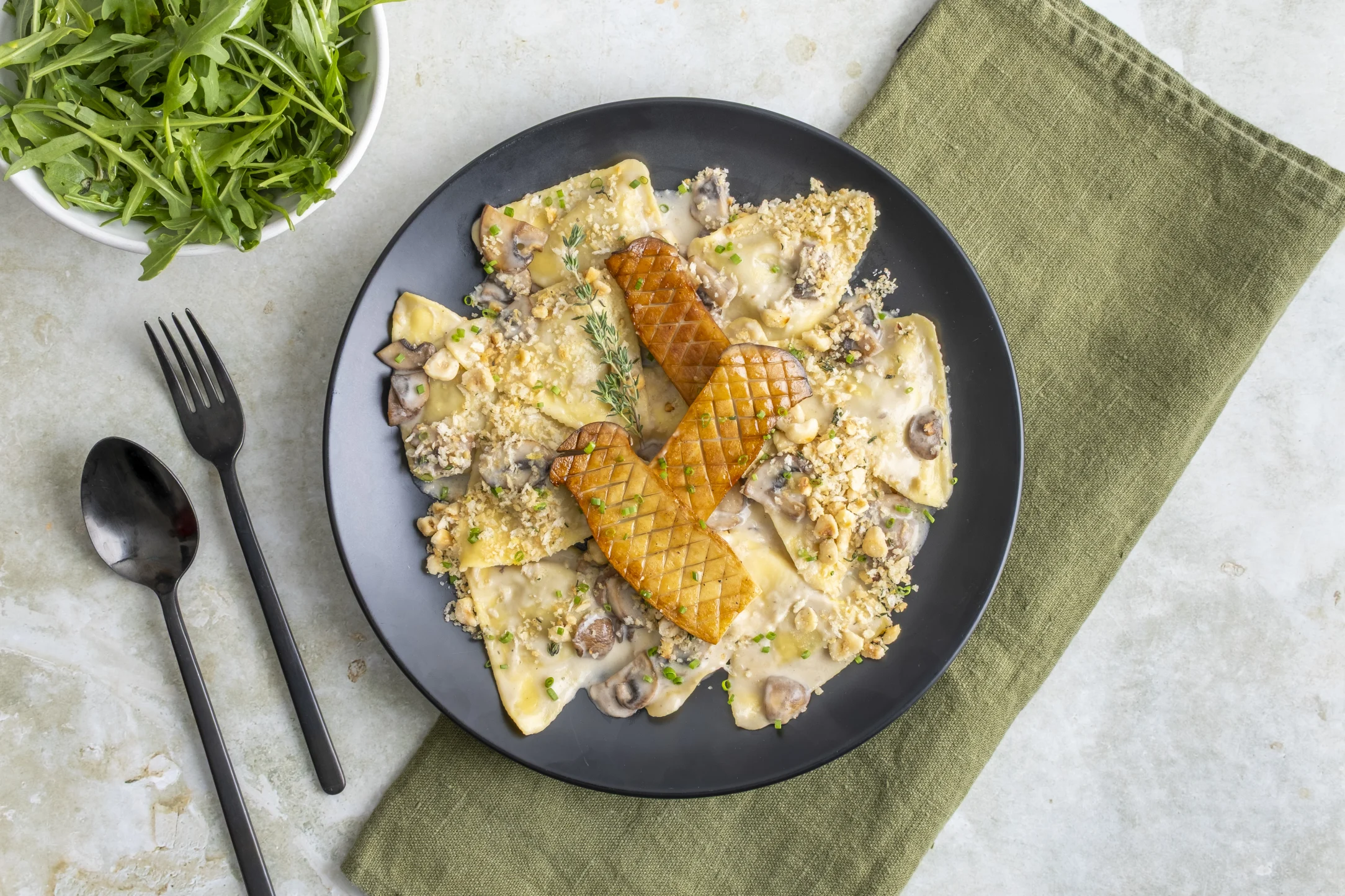 King Oyster Mushroom and Creamy Truffle Porcini Ravioli with Hazelnut Crumb