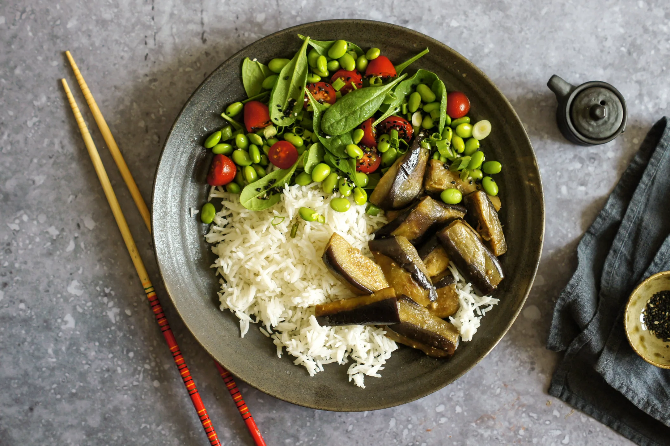 Japanese-style Stewed Eggplant with Rice and Salad