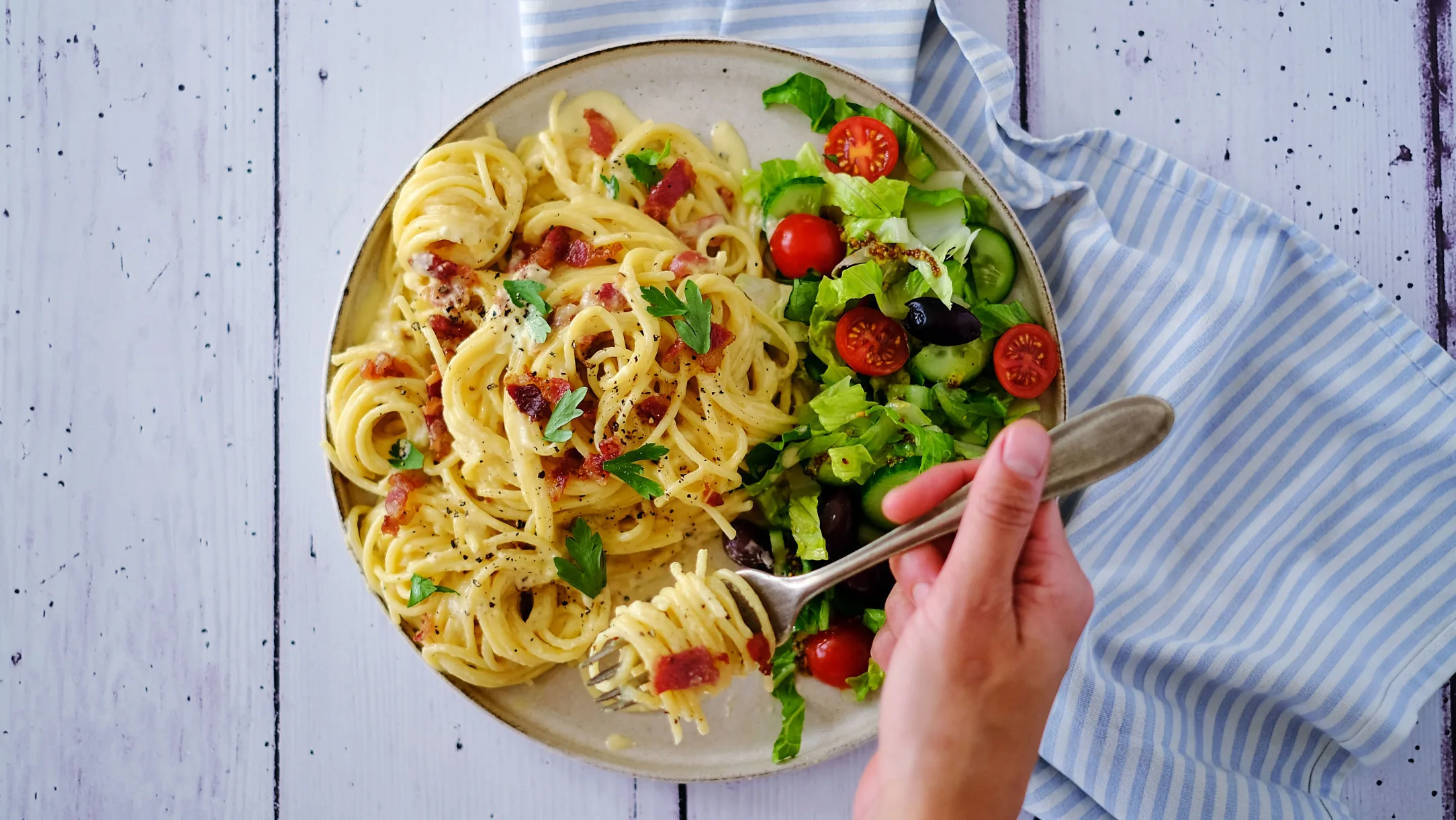 Spaghetti Carbonara with Beef Bacon and Salad