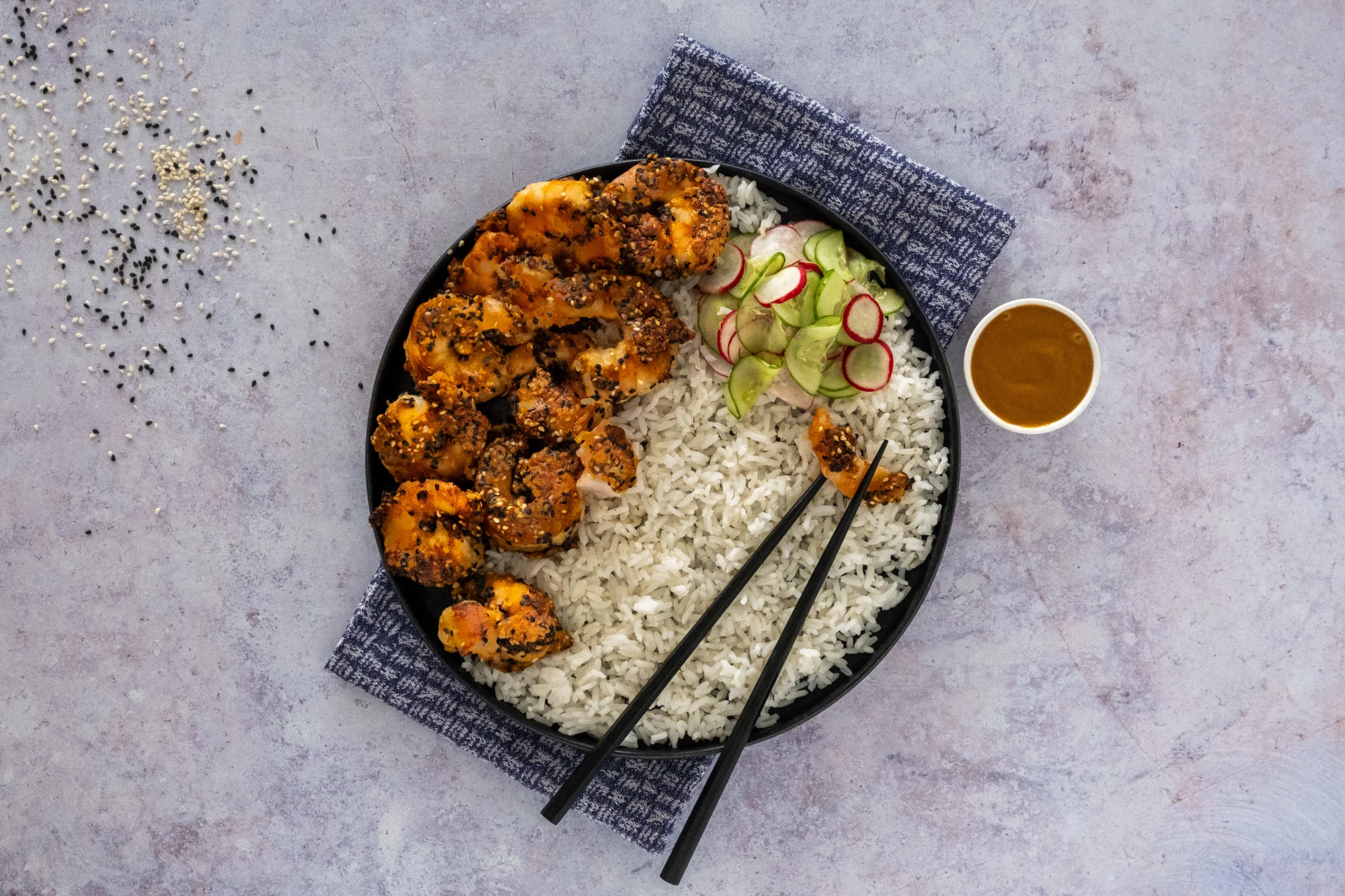 Japanese-style Prawns with Jasmine Rice and Miso Mayo