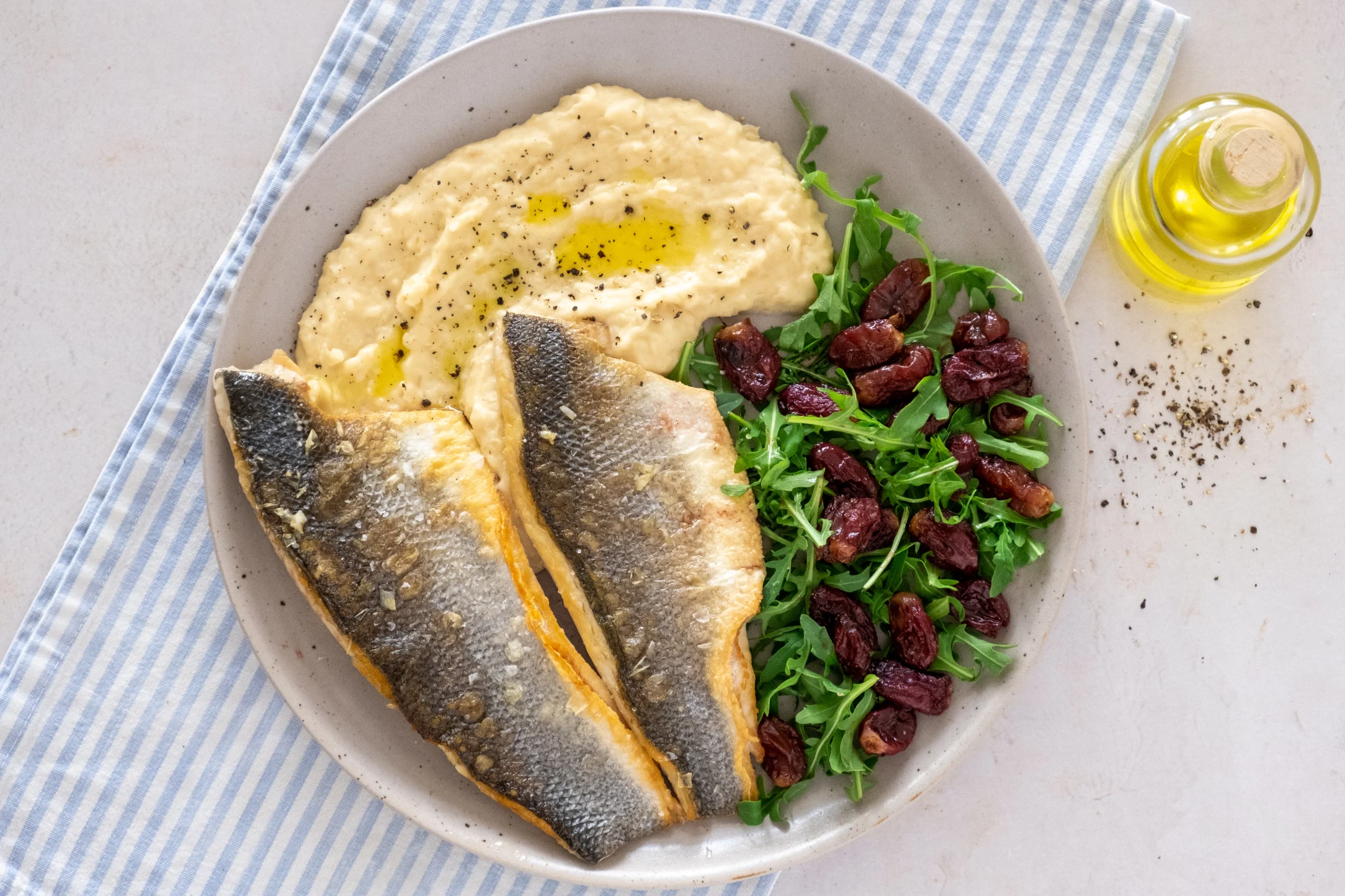 Mediterranean-style Seabream with White Bean Puree and Roasted Grape Salad