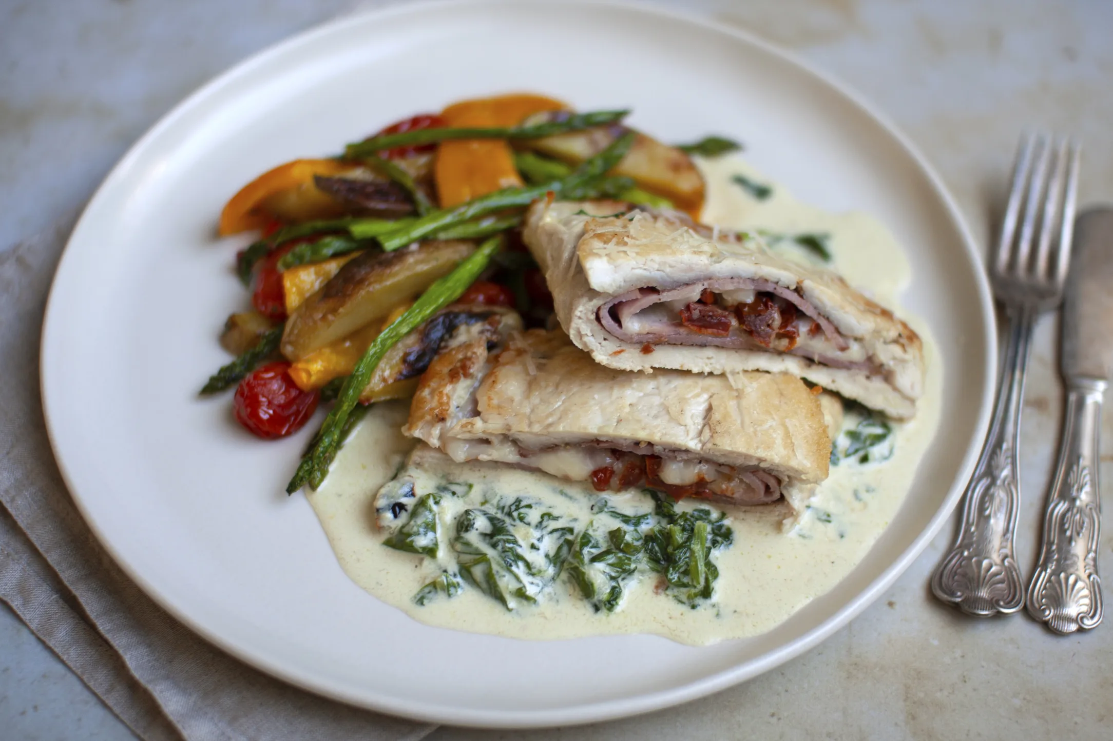 Chicken Involtini with Roast Potatoes and Vegetables