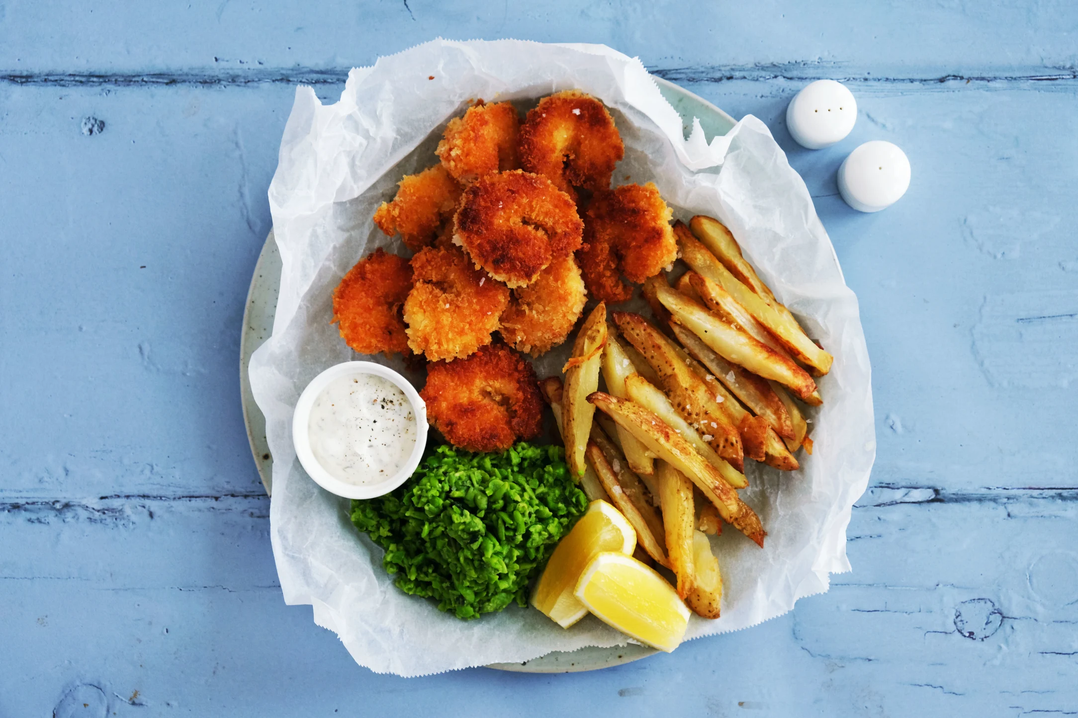 Scampi and Chips with Minty Peas and Tartare Sauce