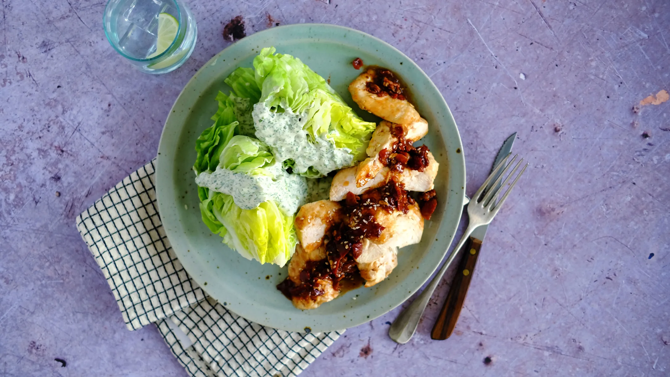 Barbecue Chicken with Beef Bacon, Lettuce Wedges and Ranch Dressing
