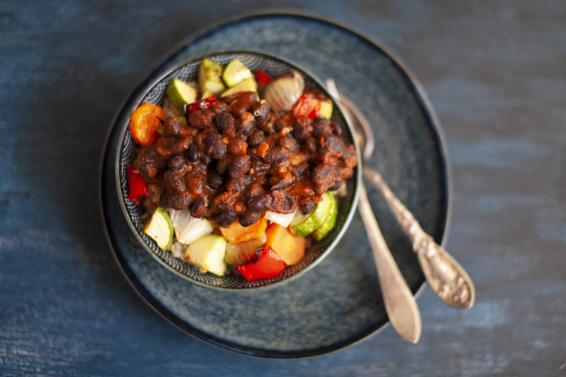 Barbecue Black Beans with Roasted Vegetables and Quinoa