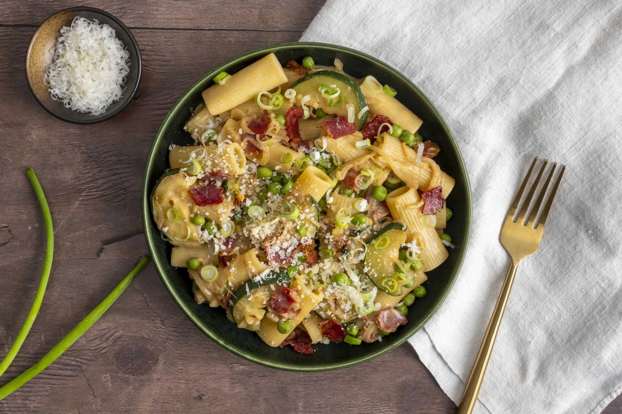 Creamy Bacon Rigatoni with Zucchini, Peas & Shallots
