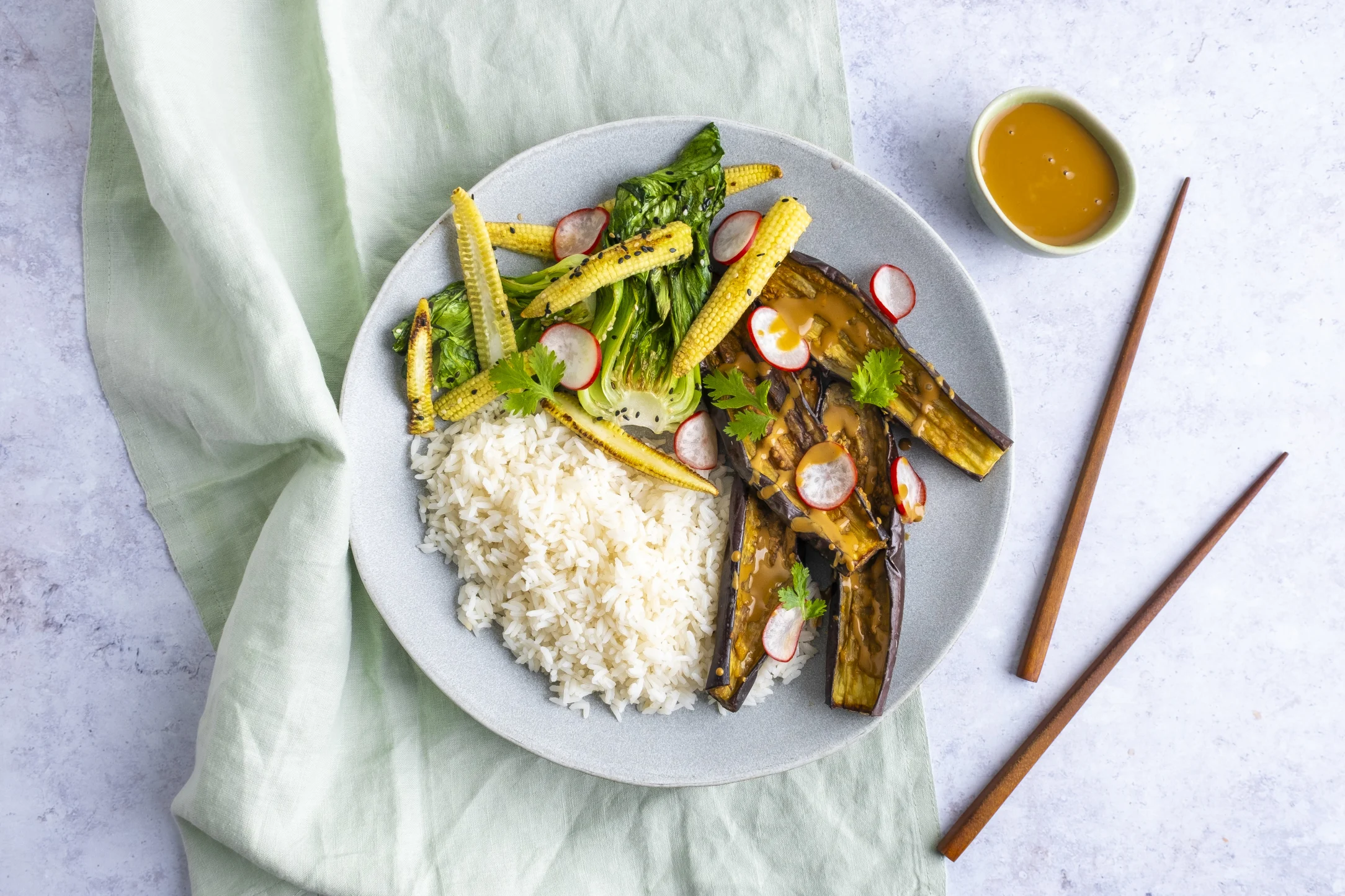 Miso Roasted Eggplant and Rice with Pak Choi, Baby Corn and Pickled Radish