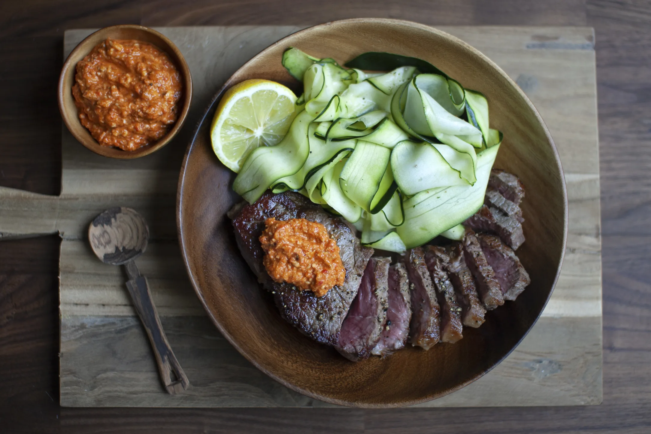 Spanish Style Sirloin Steak with Romesco Sauce and Zucchini Salad