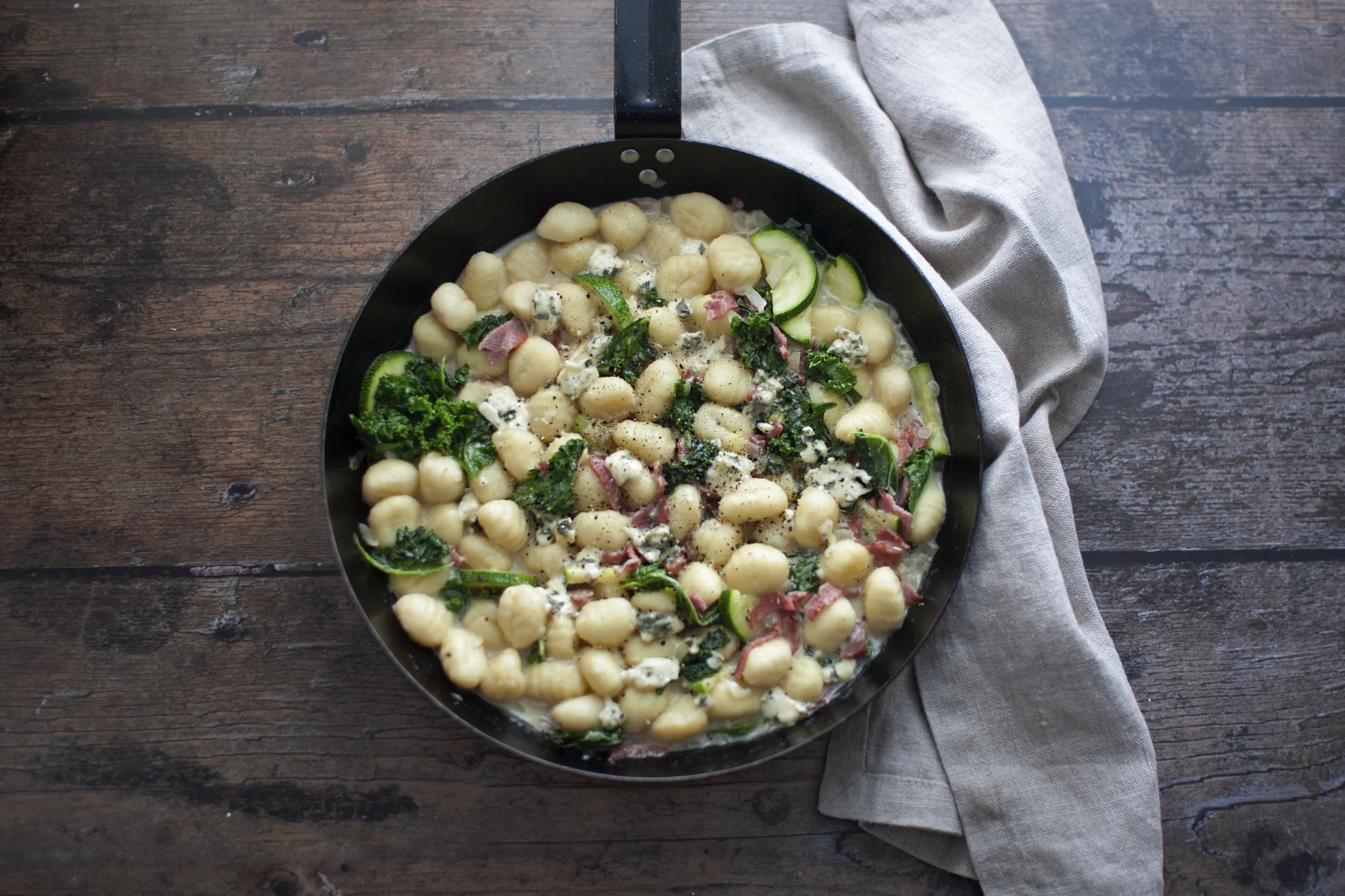 Blue Cheese, Turkey Bacon and Kale Gnocchi Pan