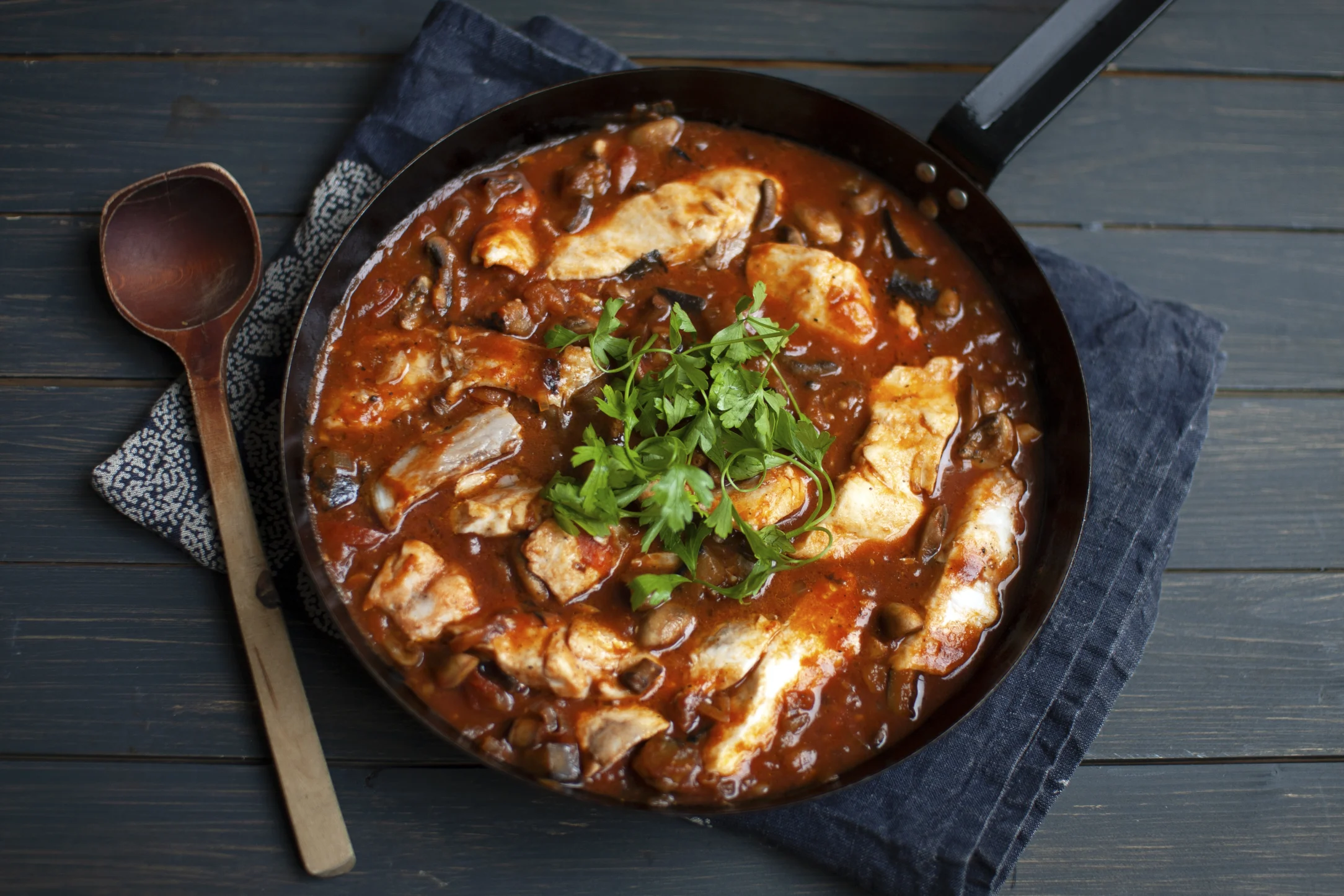 Tomato and Miso Braised Seabream with Mushrooms and Eggplant