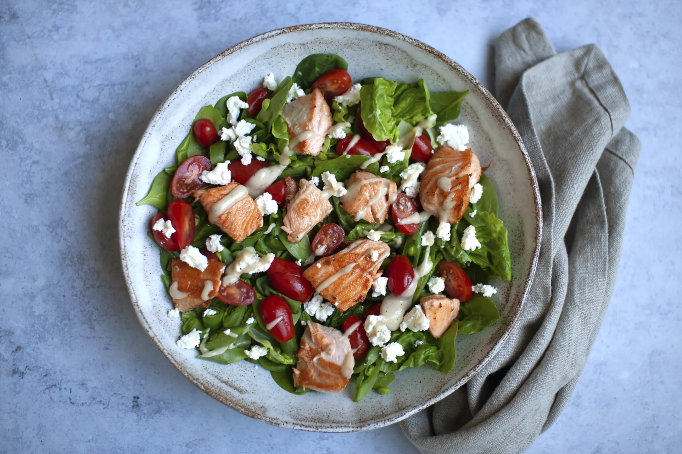 Salmon and Feta Salad with Tahini Dressing