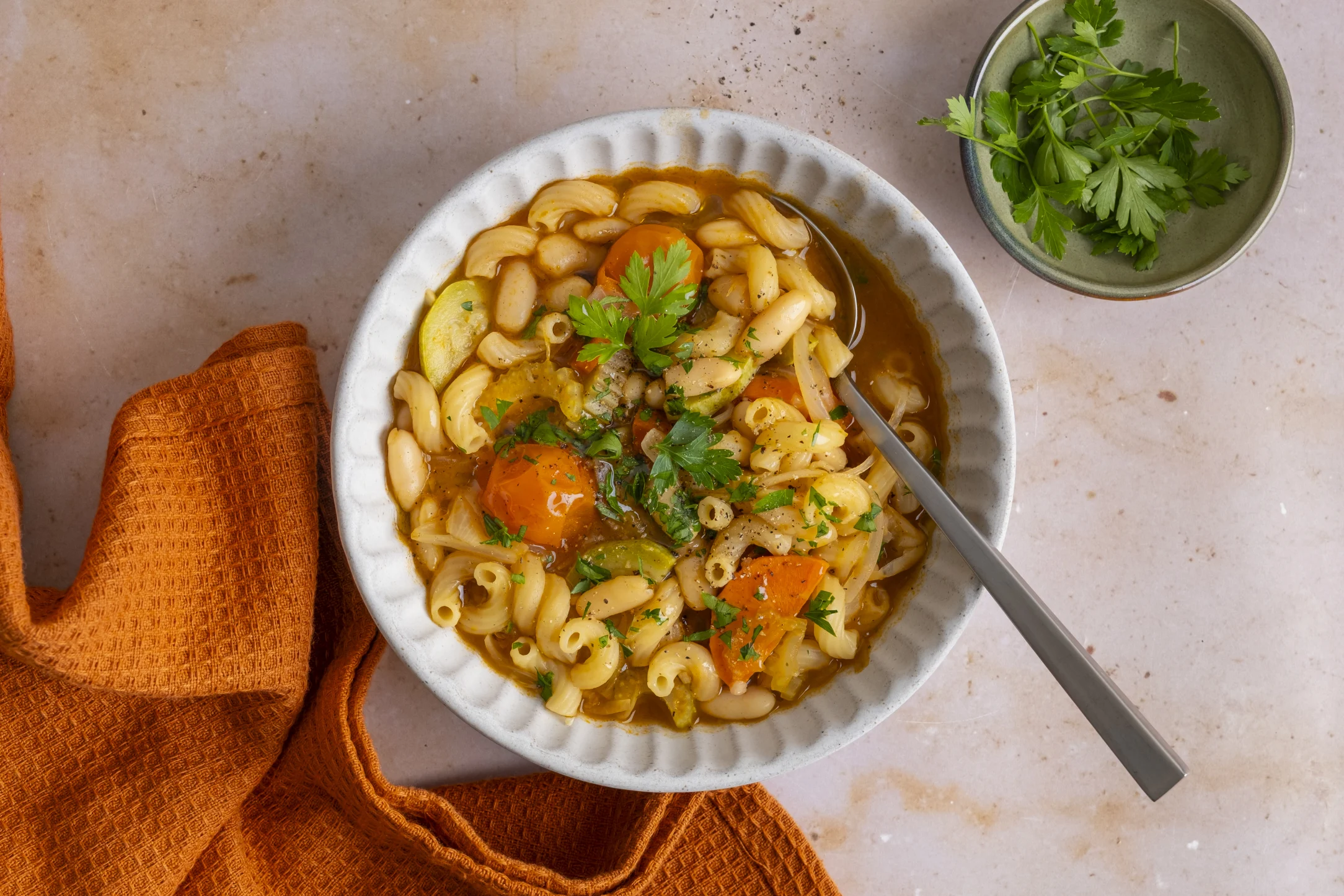 Minestrone Soup with Macaroni, White Beans and Fresh Parsley