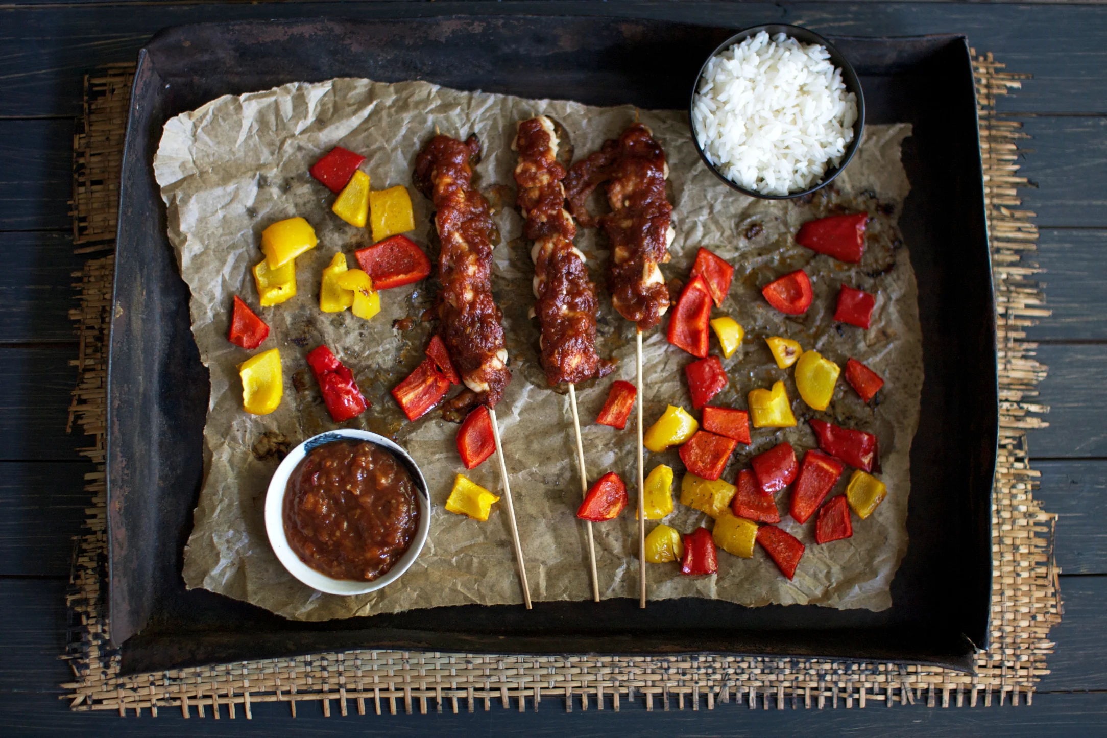 Filipino BBQ Chicken Skewers with Rice and Roasted Peppers