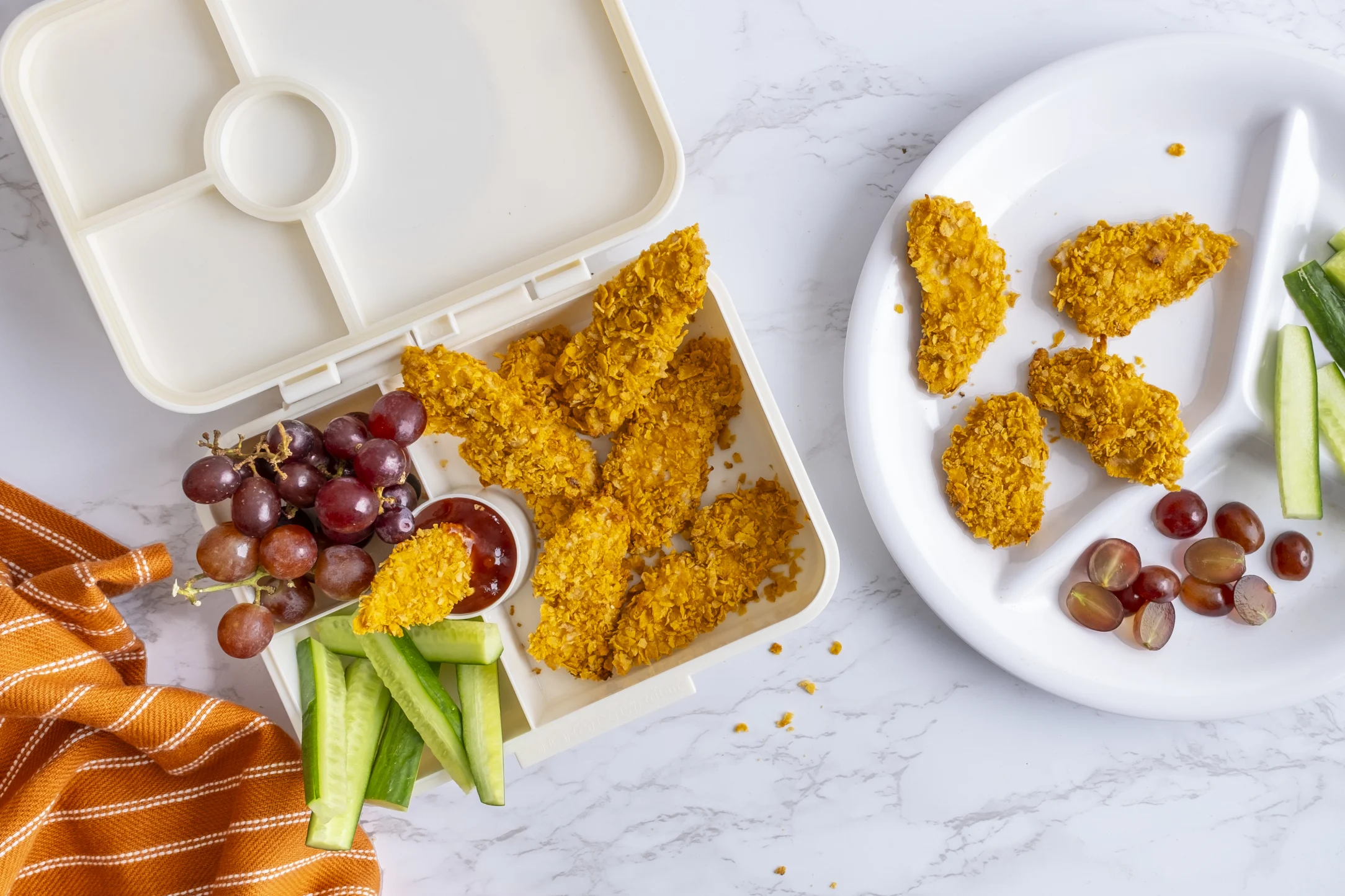 Cornflake Crumbed Crispy Chicken Tenders with Fresh Cucumber, Red Grapes and Barbecue Sauce