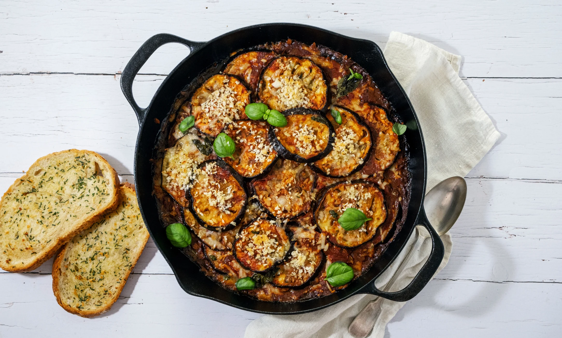 Eggplant Parmigiana with Garlic Bread