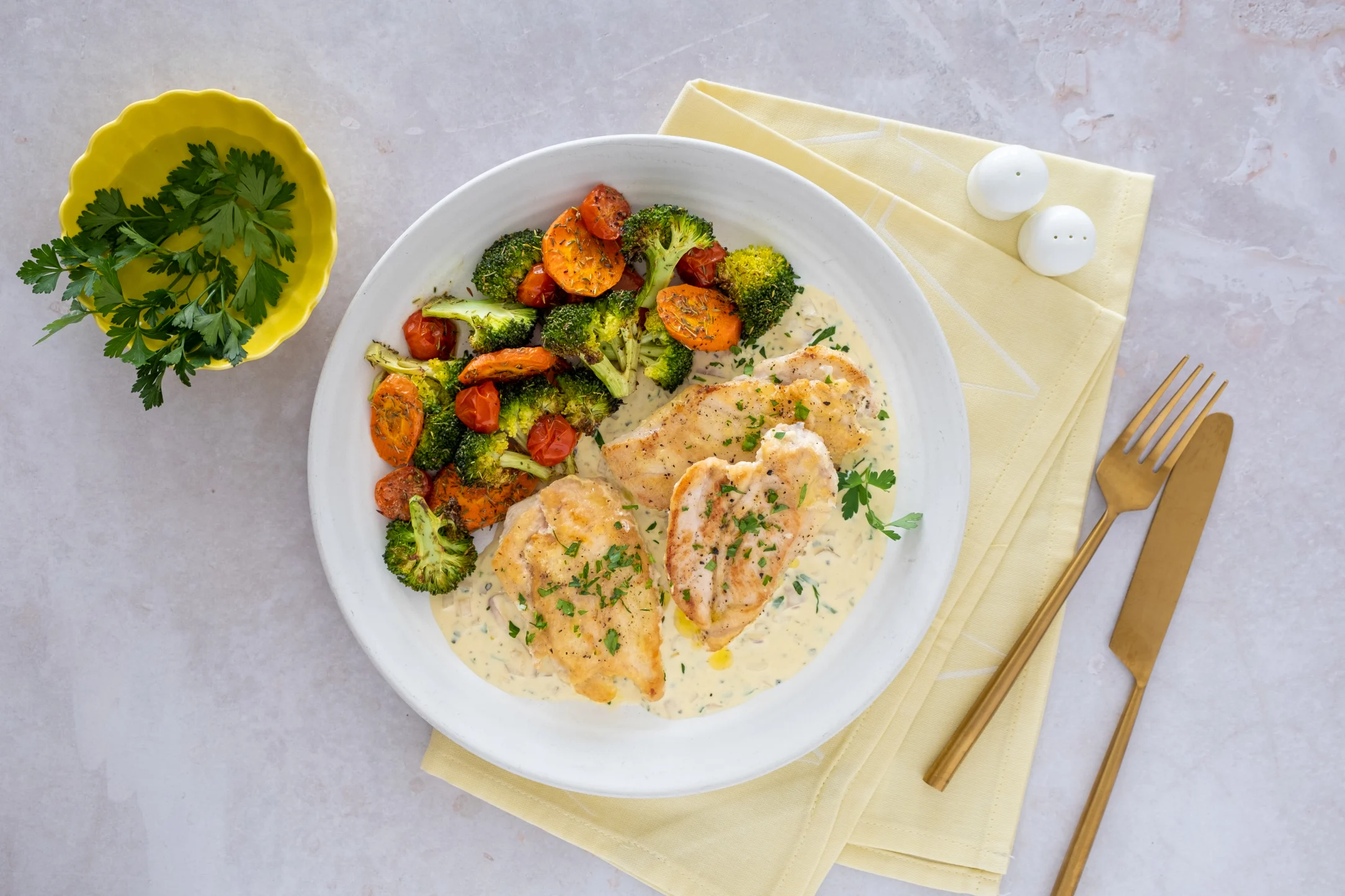 Chicken with Creamy Mustard Sauce and Roasted Vegetables with Thyme
