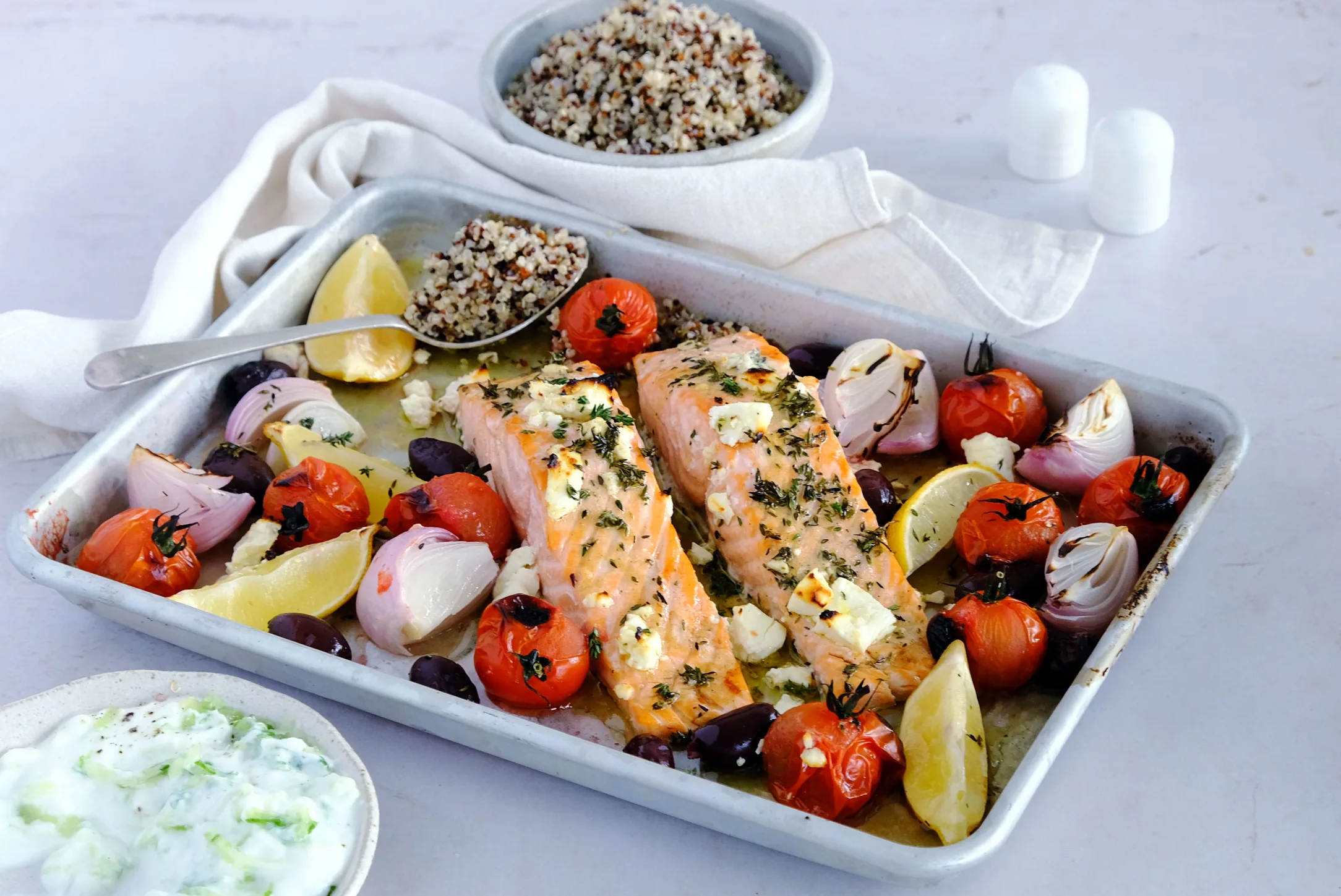 Greek Baked Salmon with Tzatziki and Quinoa