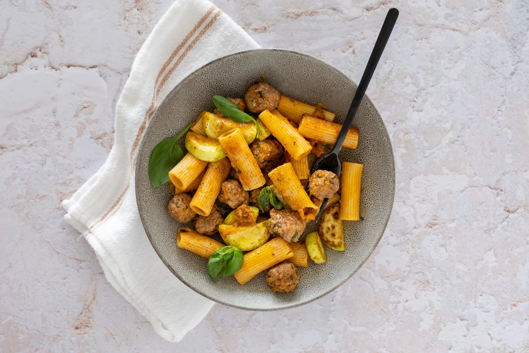 Meatball Rigatoni with Zucchini and Basil