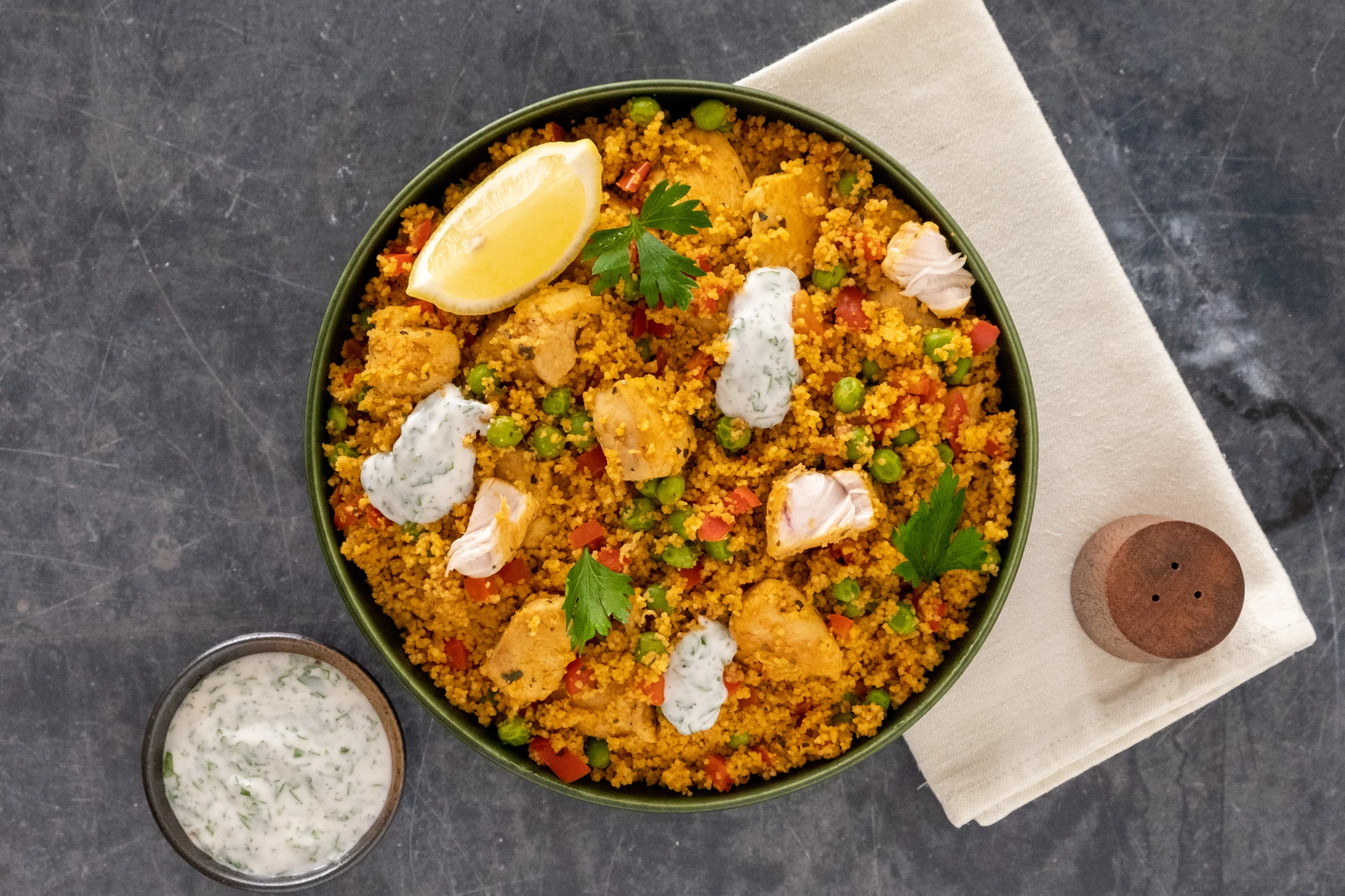 One-pot Chicken Couscous 'Paella' with Lemon and Parsley Aioli