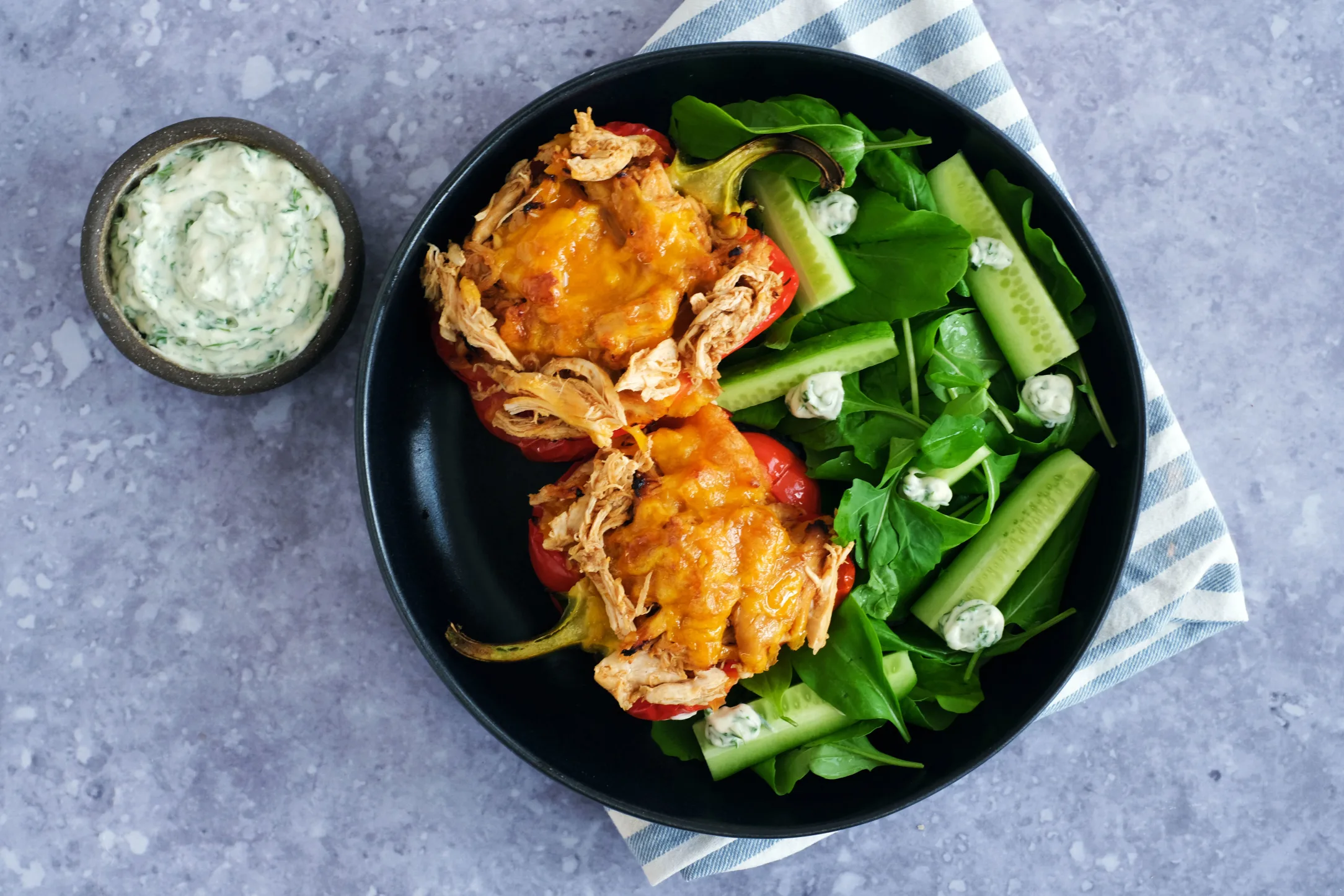 BBQ Pulled Chicken Stuffed Peppers with Cucumbers and Ranch Dip