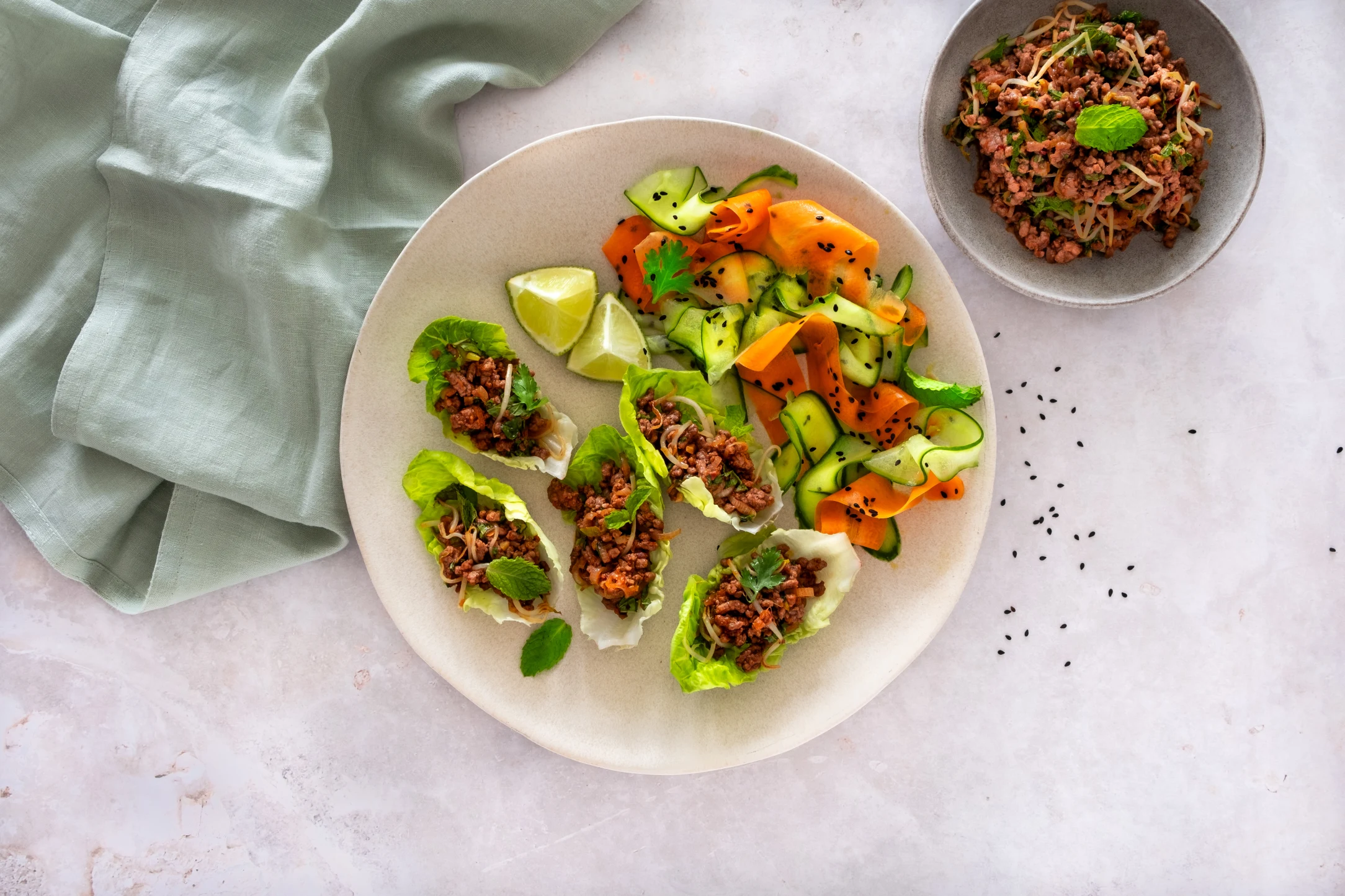 Indonesian Beef Stir Fry with Lettuce Cups and Sesame Carrot Salad