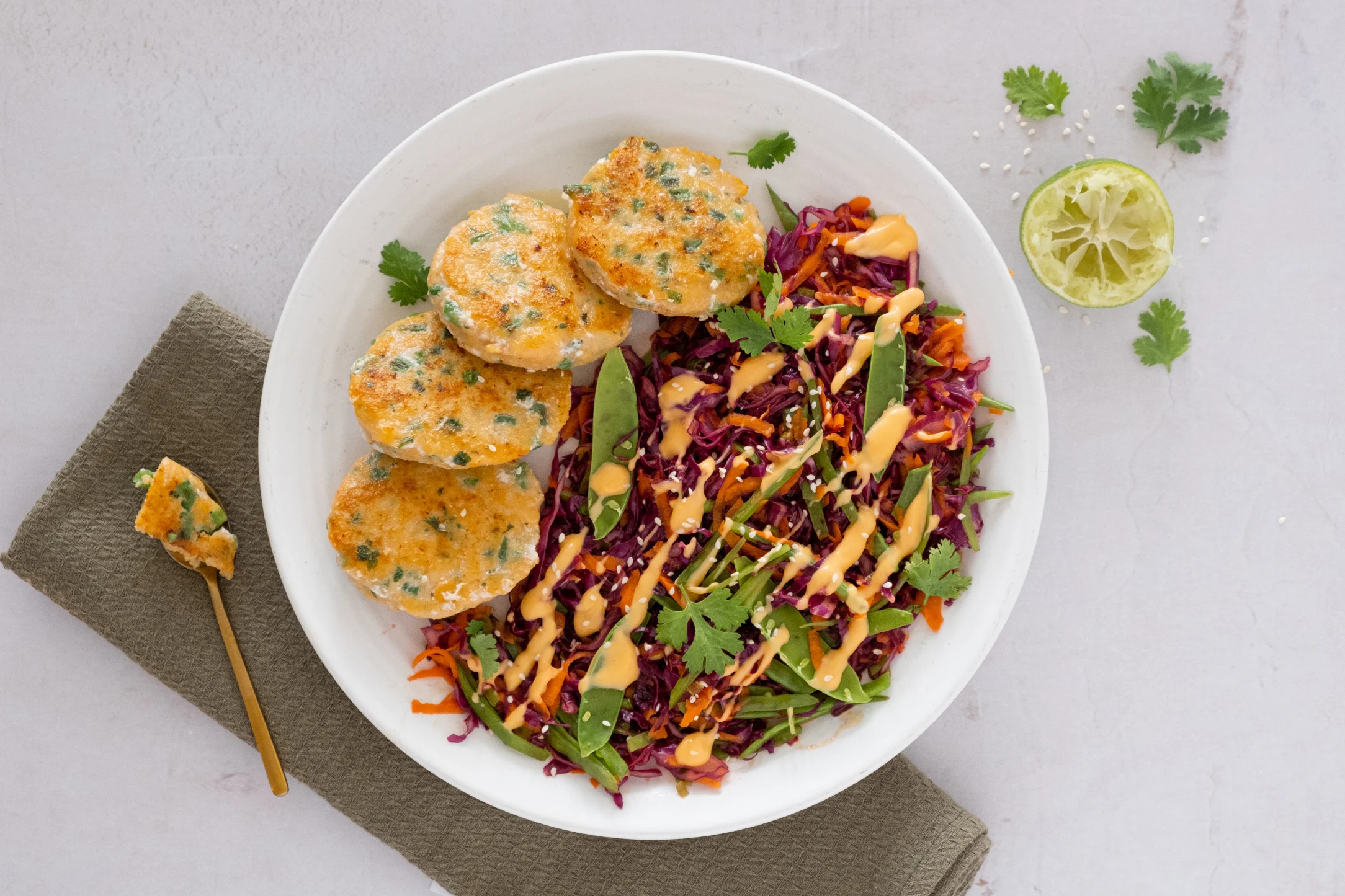 Thai Fish Cakes with Rainbow Salad and Sriracha Mayo