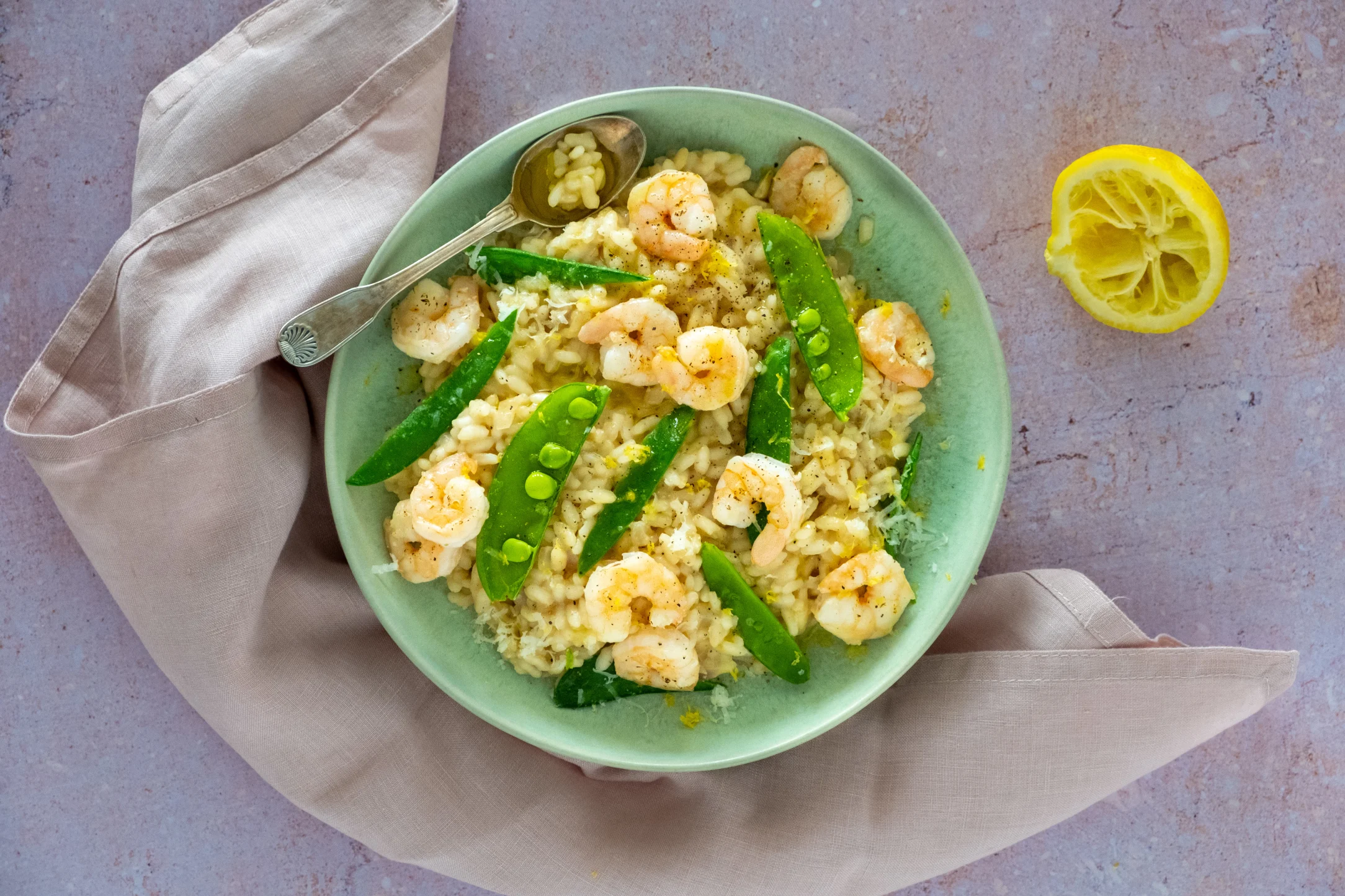 Lemony Prawn Risotto with Snow Peas