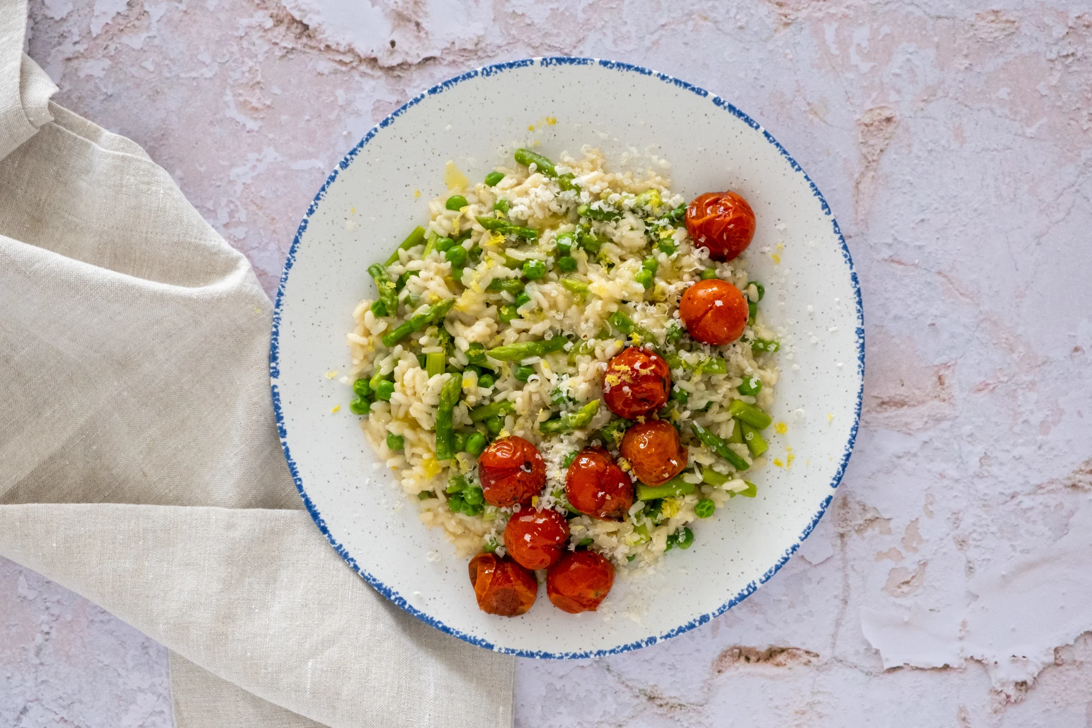 Lemony Asparagus Risotto with Peas and Roasted Tomatoes