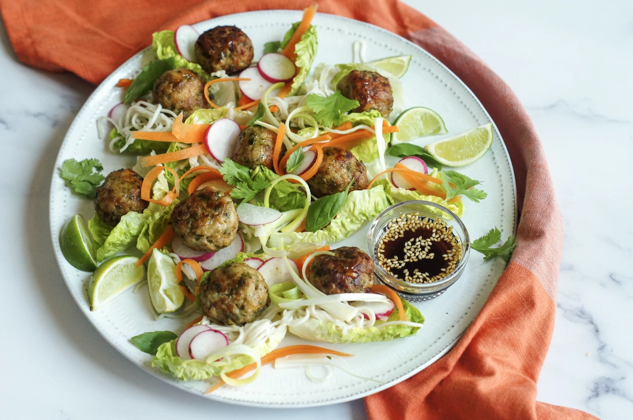 Vietnamese Chicken Meatballs and Noodles in Lettuce Cups
