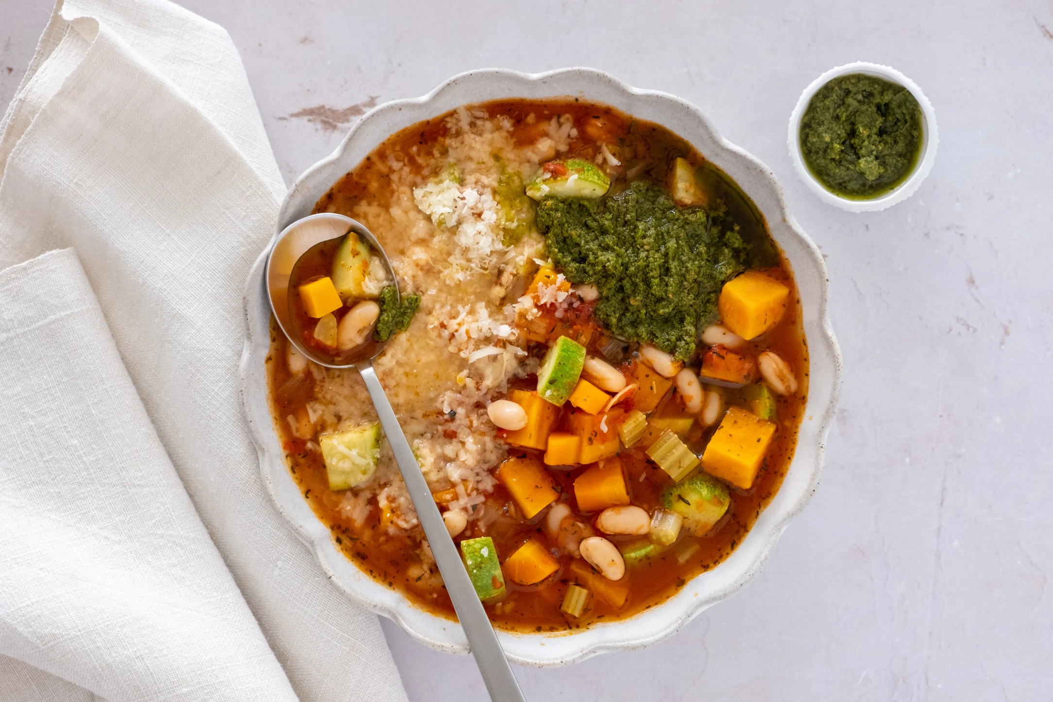 Vegetable and Tomato Soup with Beans, Pesto and Parmesan