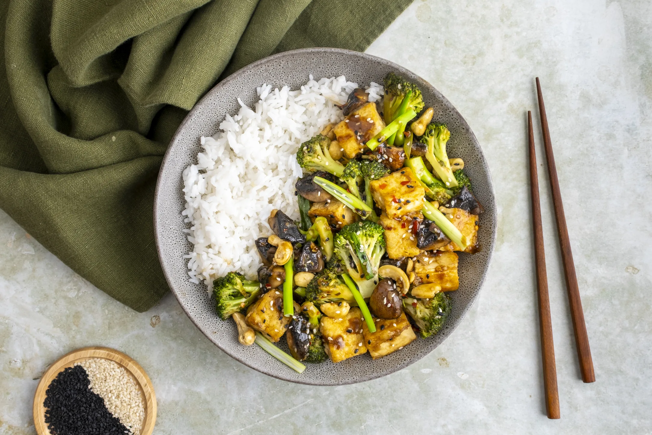 Spicy Sesame Tofu, Mushroom and Broccoli Stir-Fry