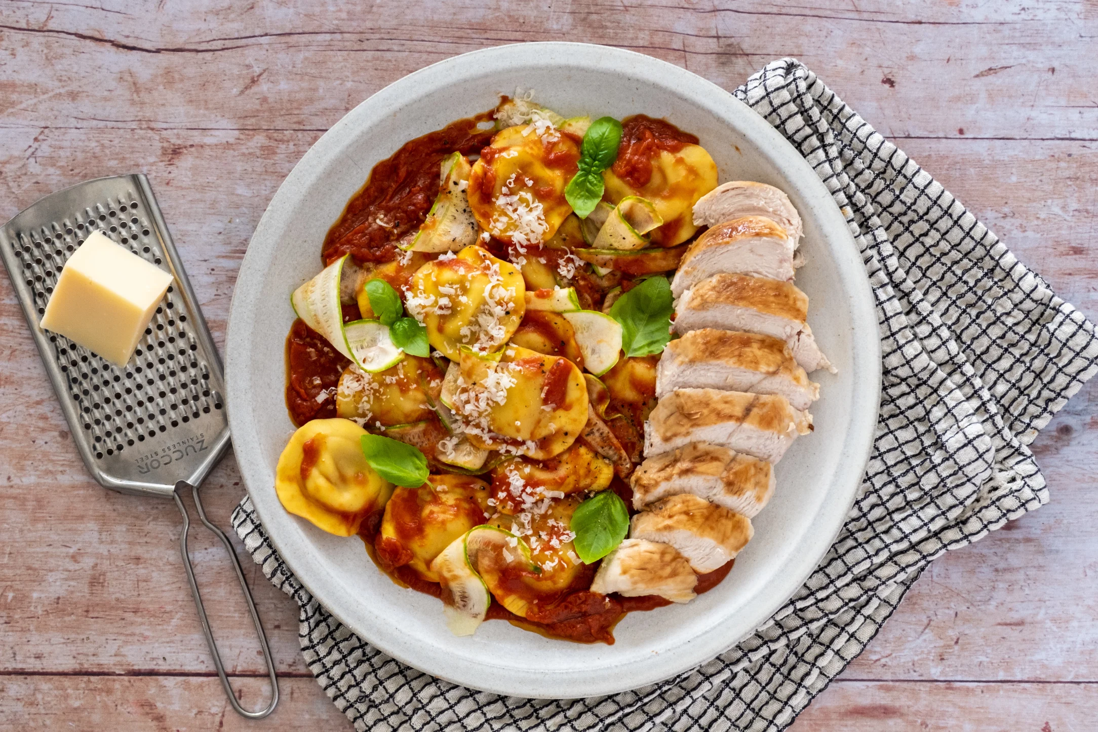 4 Cheese Ravioli and Chicken with Zucchini Ribbons and Tomato Sauce