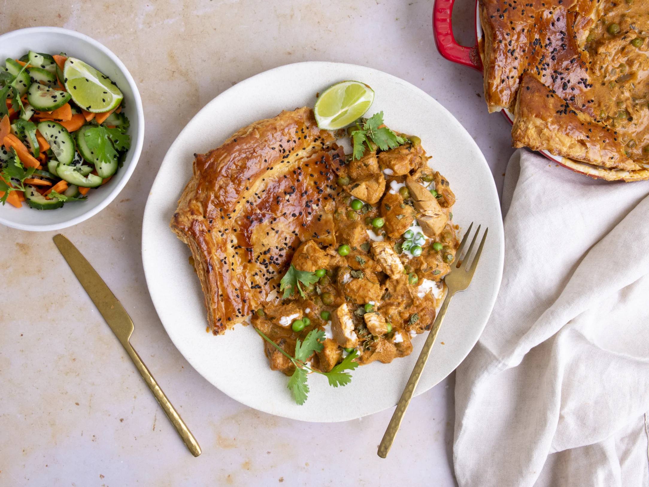 Chicken Tikka Masala Puff Pastry Pie with Cucumber Carrot Salad